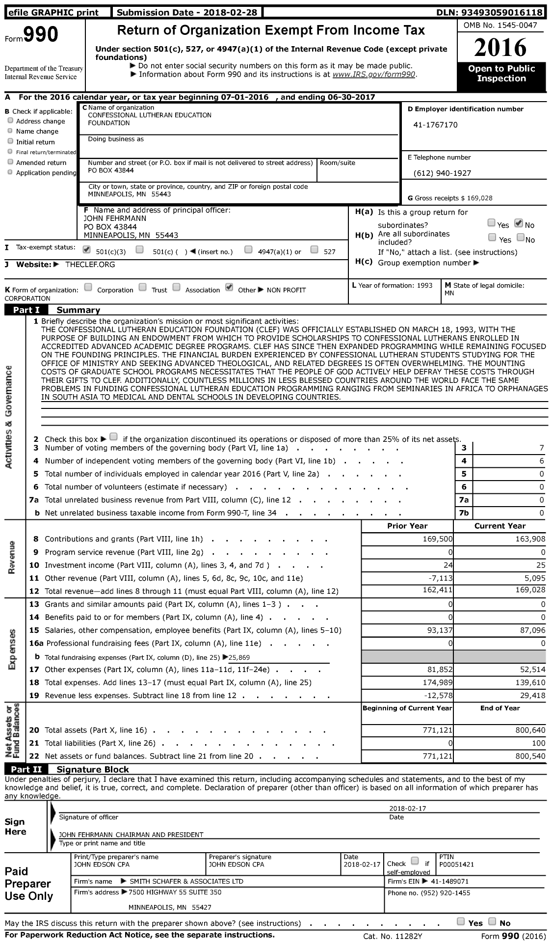 Image of first page of 2016 Form 990 for Confessional Lutheran Education Foundation