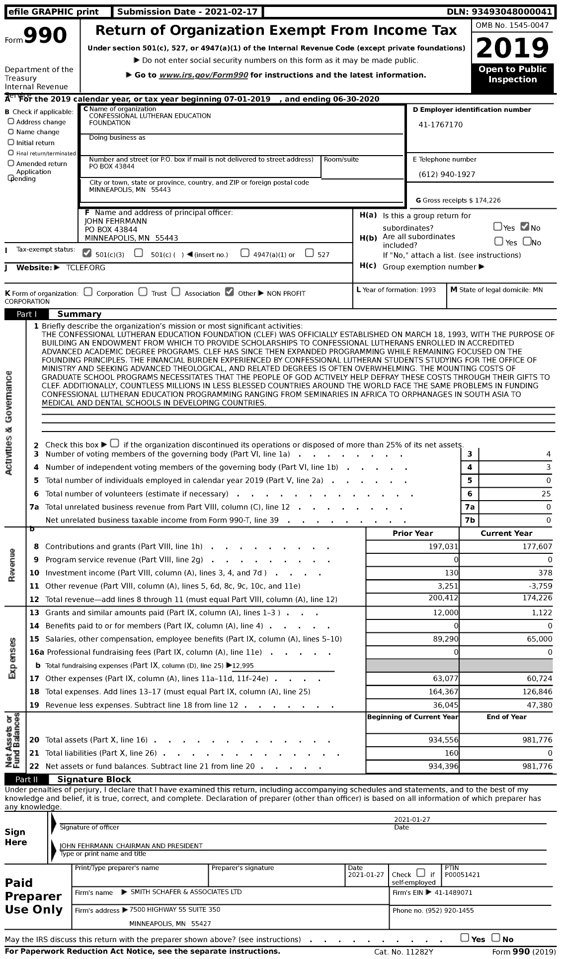 Image of first page of 2019 Form 990 for Confessional Lutheran Education Foundation