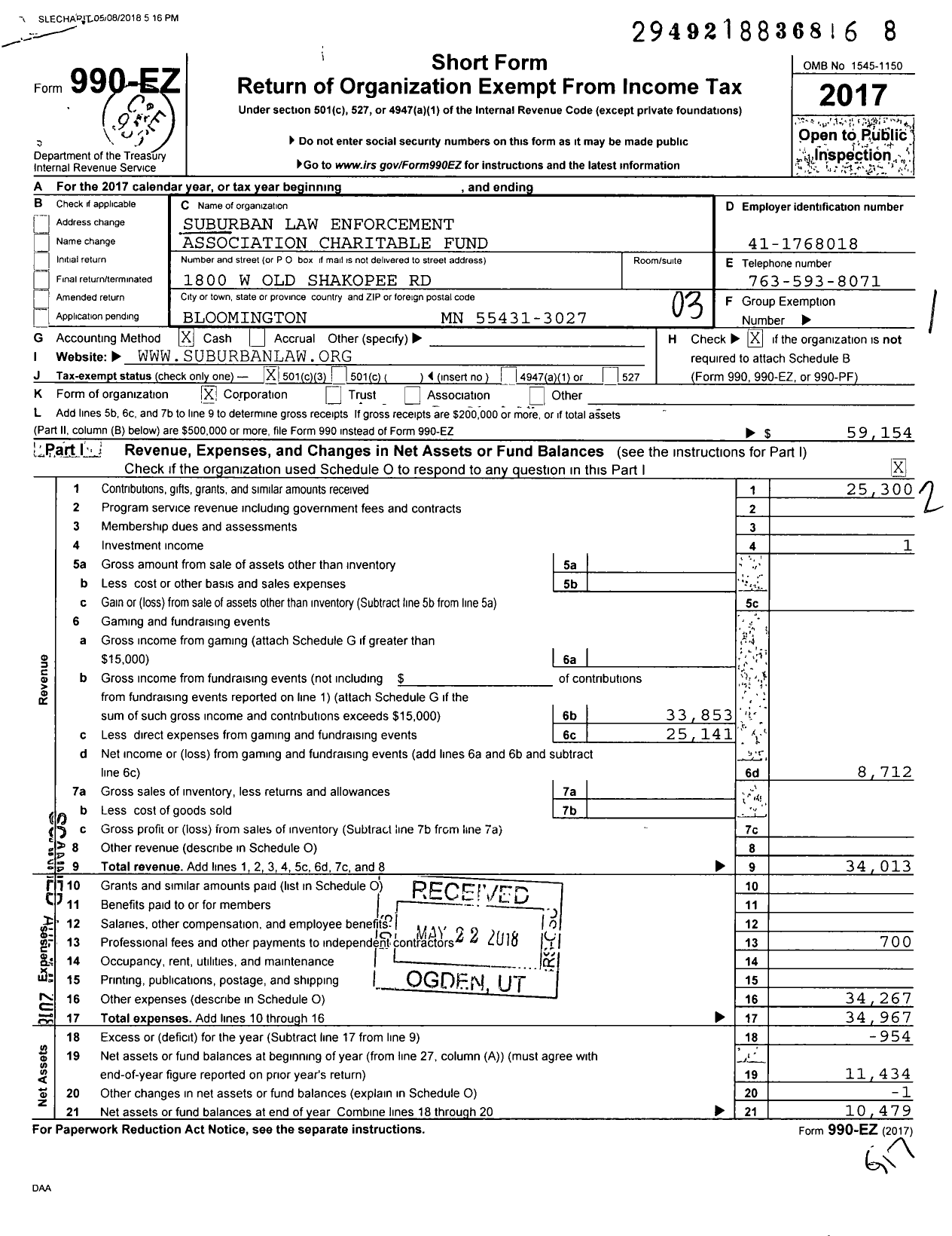 Image of first page of 2017 Form 990EZ for Suburban Law Enforcement Association Charitable Fund