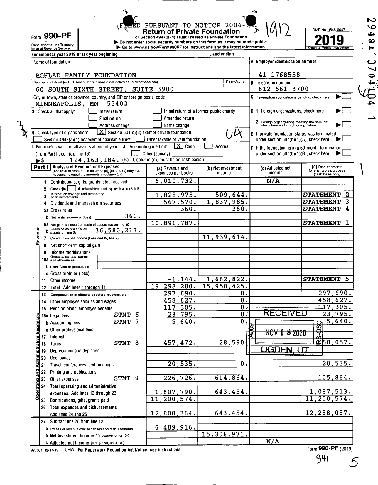 Image of first page of 2019 Form 990PF for Pohlad Family Foundation