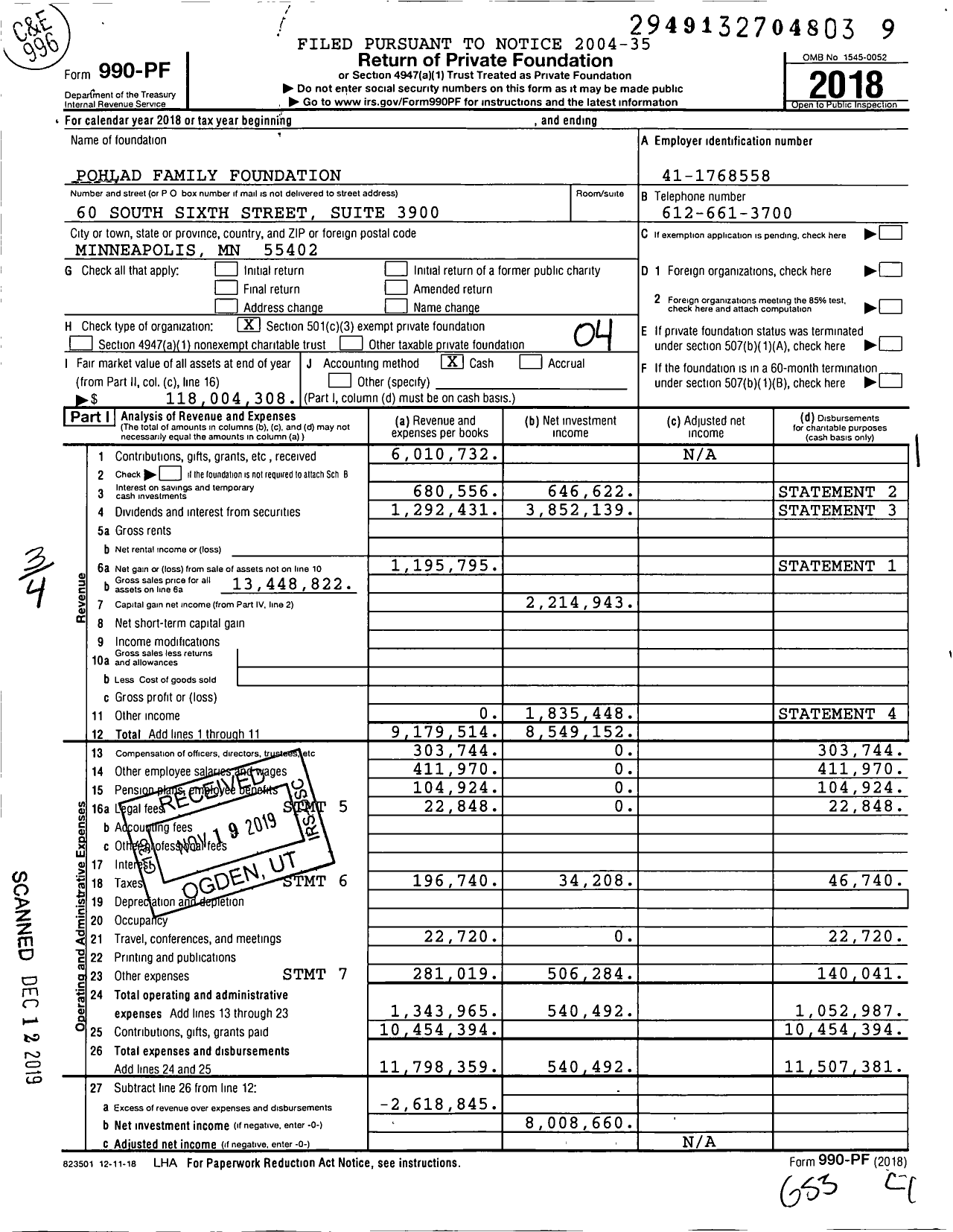 Image of first page of 2018 Form 990PF for Pohlad Family Foundation