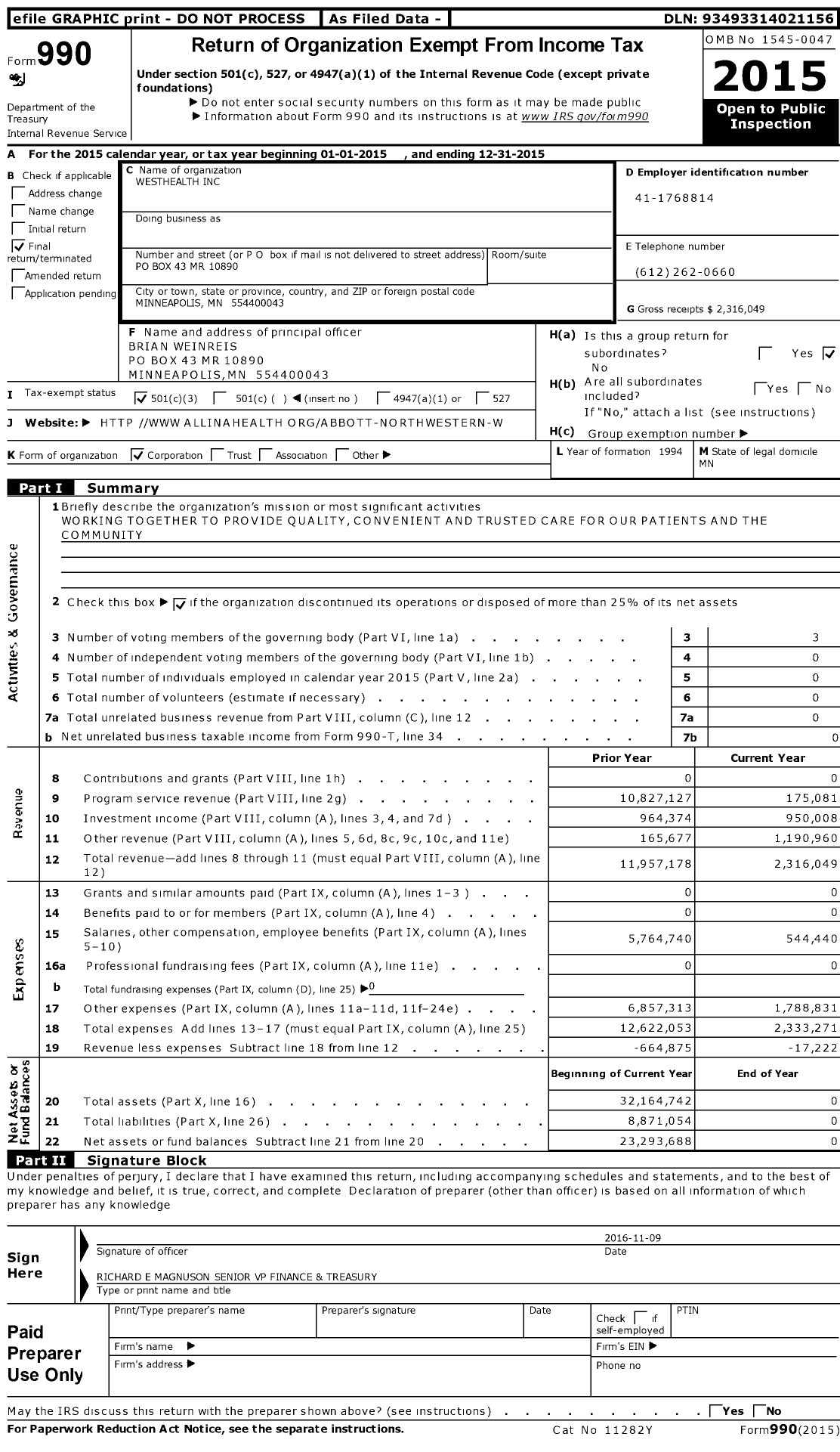Image of first page of 2015 Form 990 for WestHealth