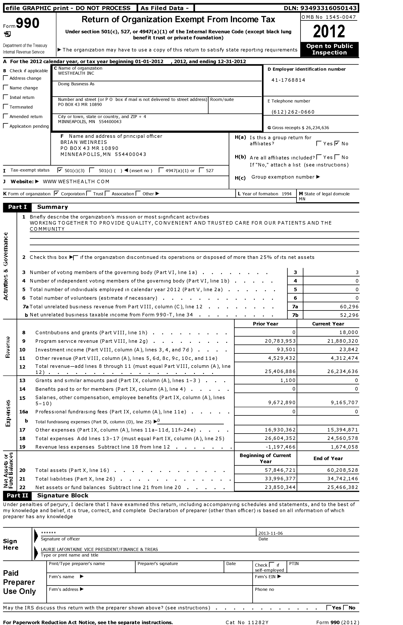 Image of first page of 2012 Form 990 for WestHealth