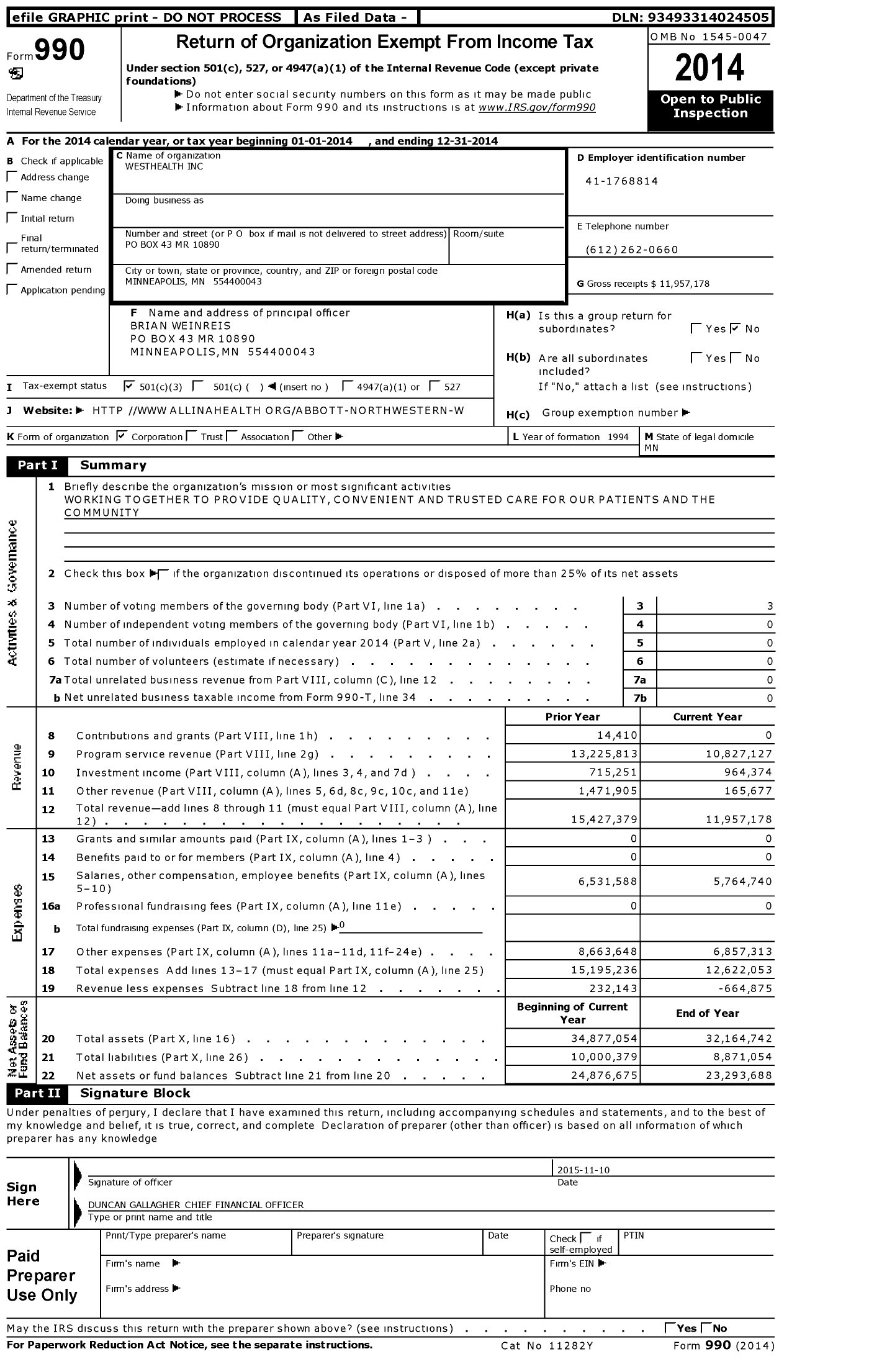 Image of first page of 2014 Form 990 for WestHealth