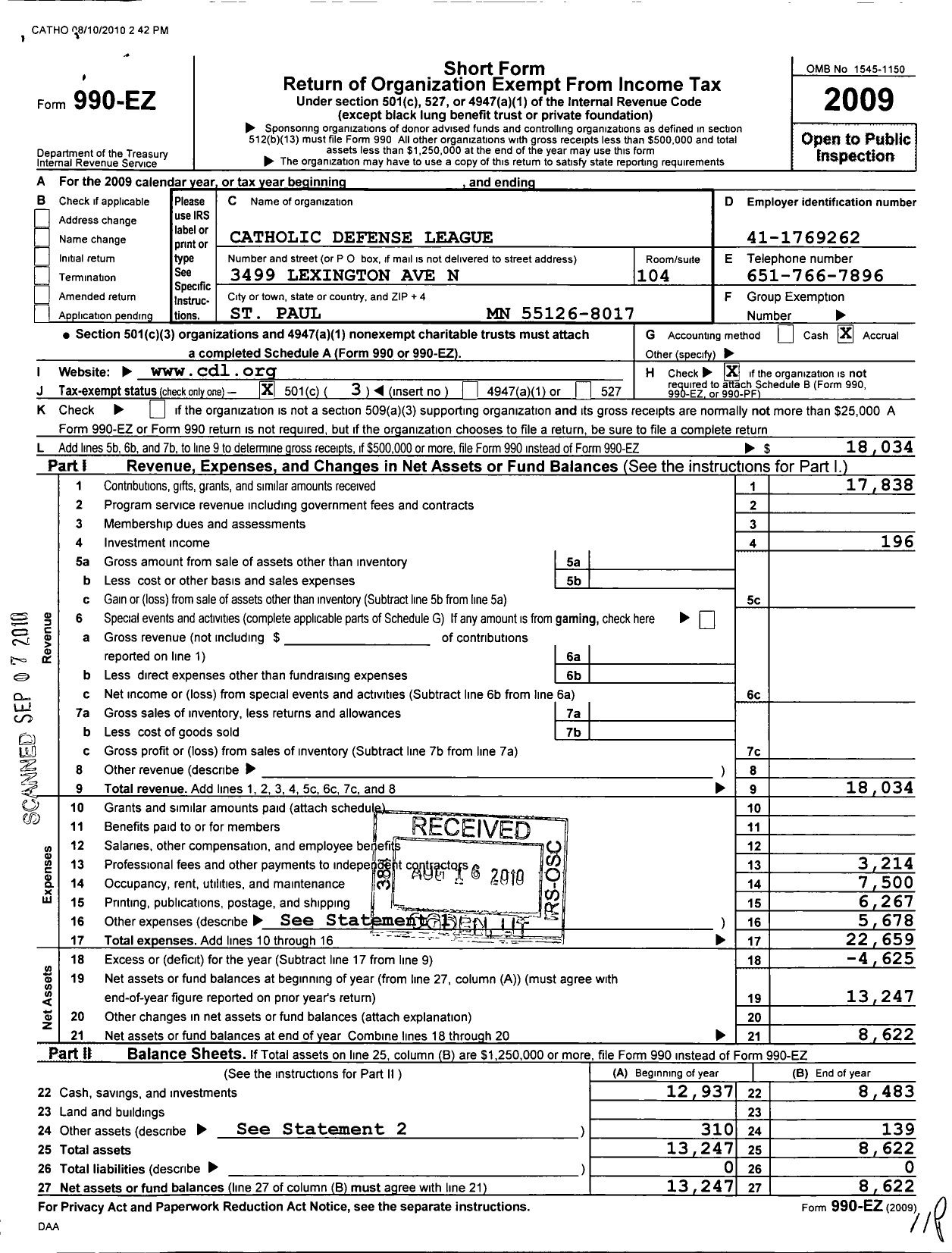 Image of first page of 2009 Form 990EZ for Catholic Defense League