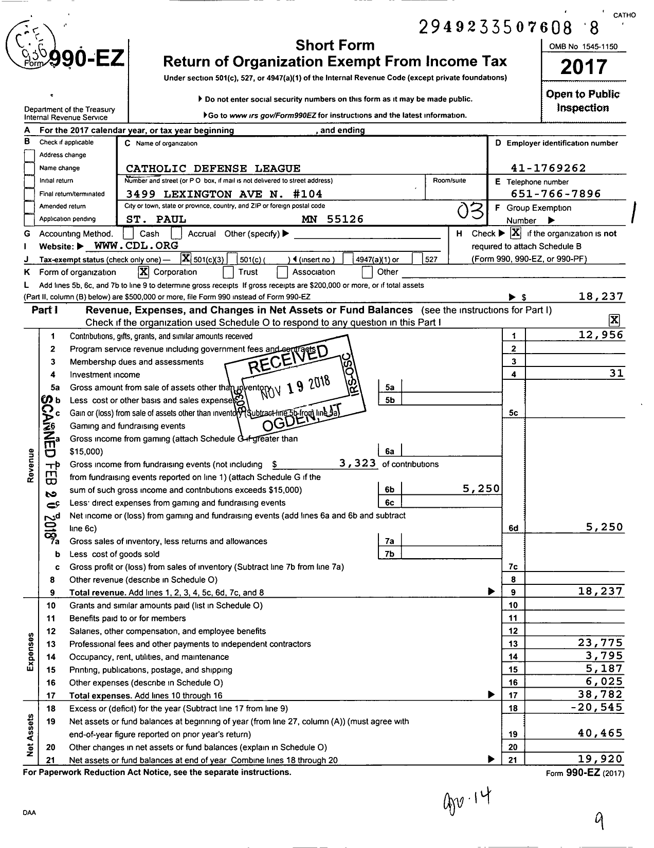 Image of first page of 2017 Form 990EZ for Catholic Defense League