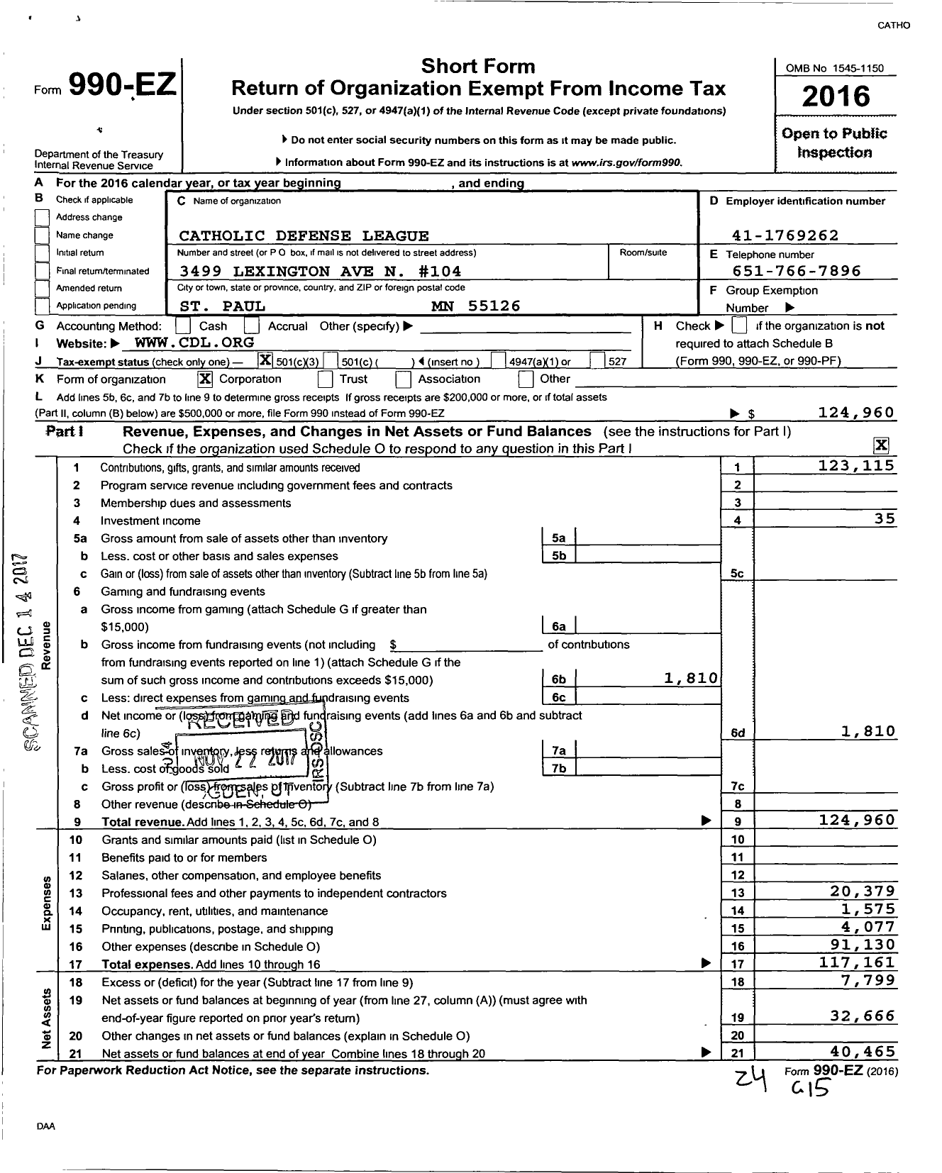 Image of first page of 2016 Form 990EZ for Catholic Defense League