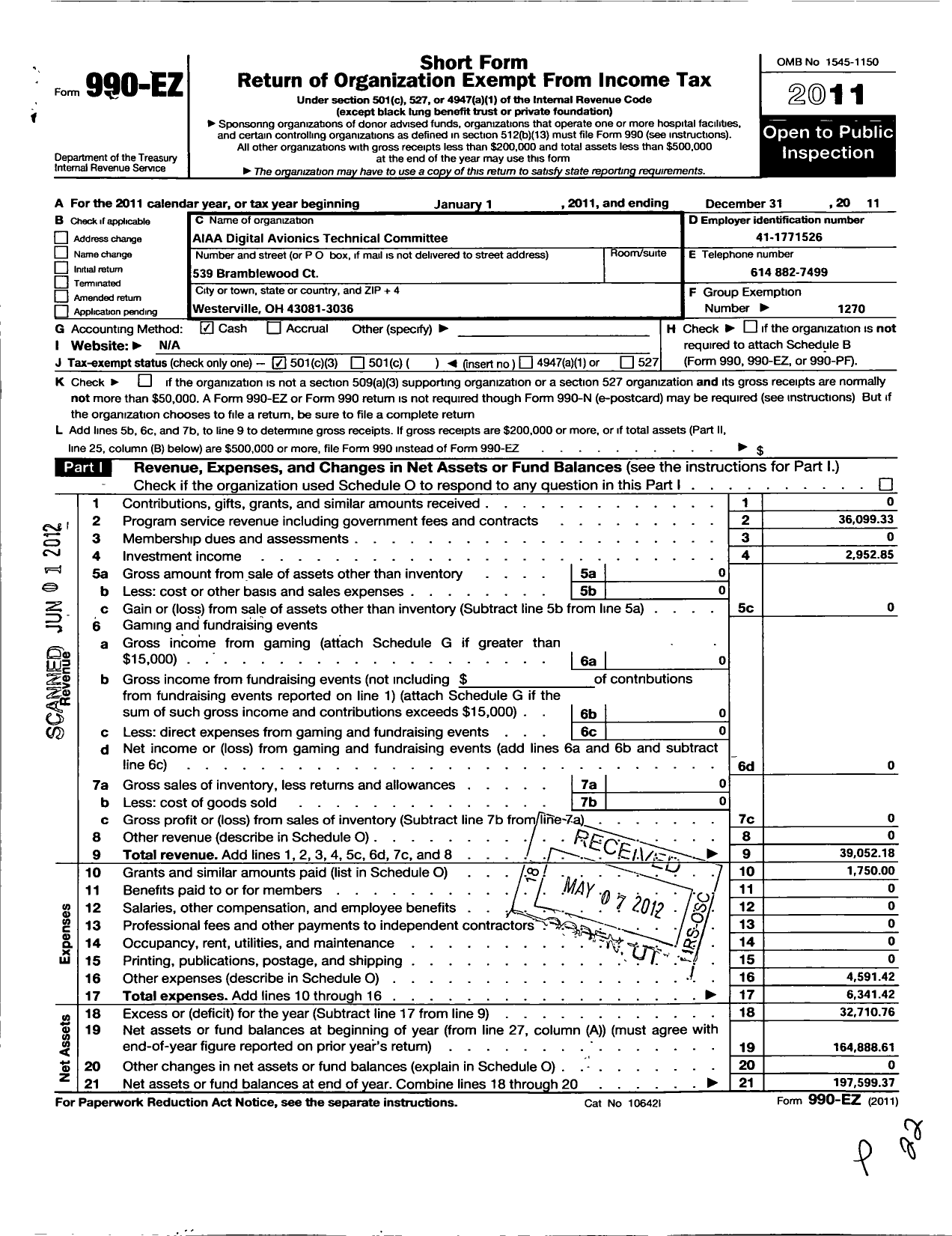 Image of first page of 2011 Form 990EZ for American Institute of Aeronautics and Astro-Digital Avionics Technical Committee