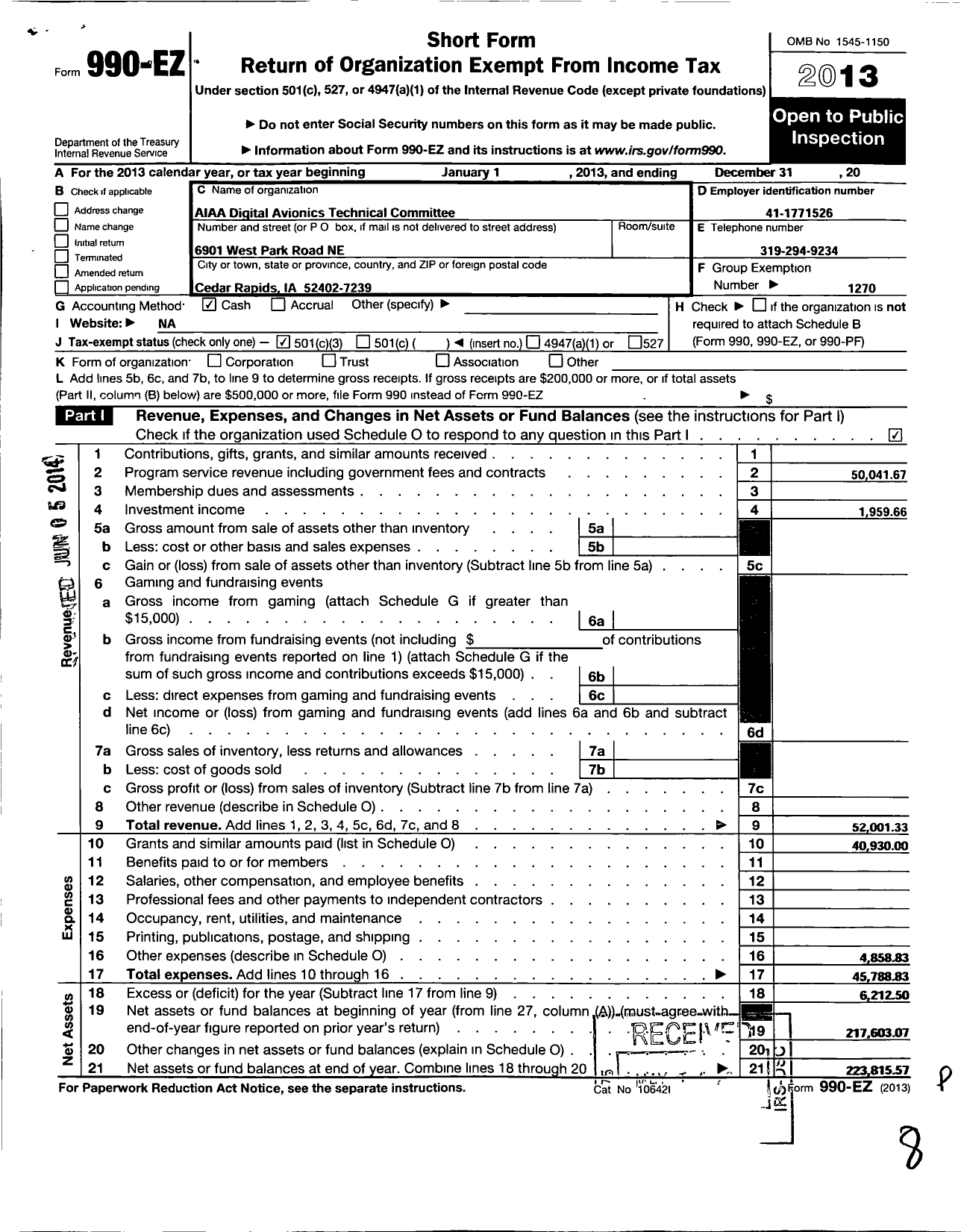 Image of first page of 2013 Form 990EZ for American Institute of Aeronautics and Astro-Digital Avionics Technical Committee