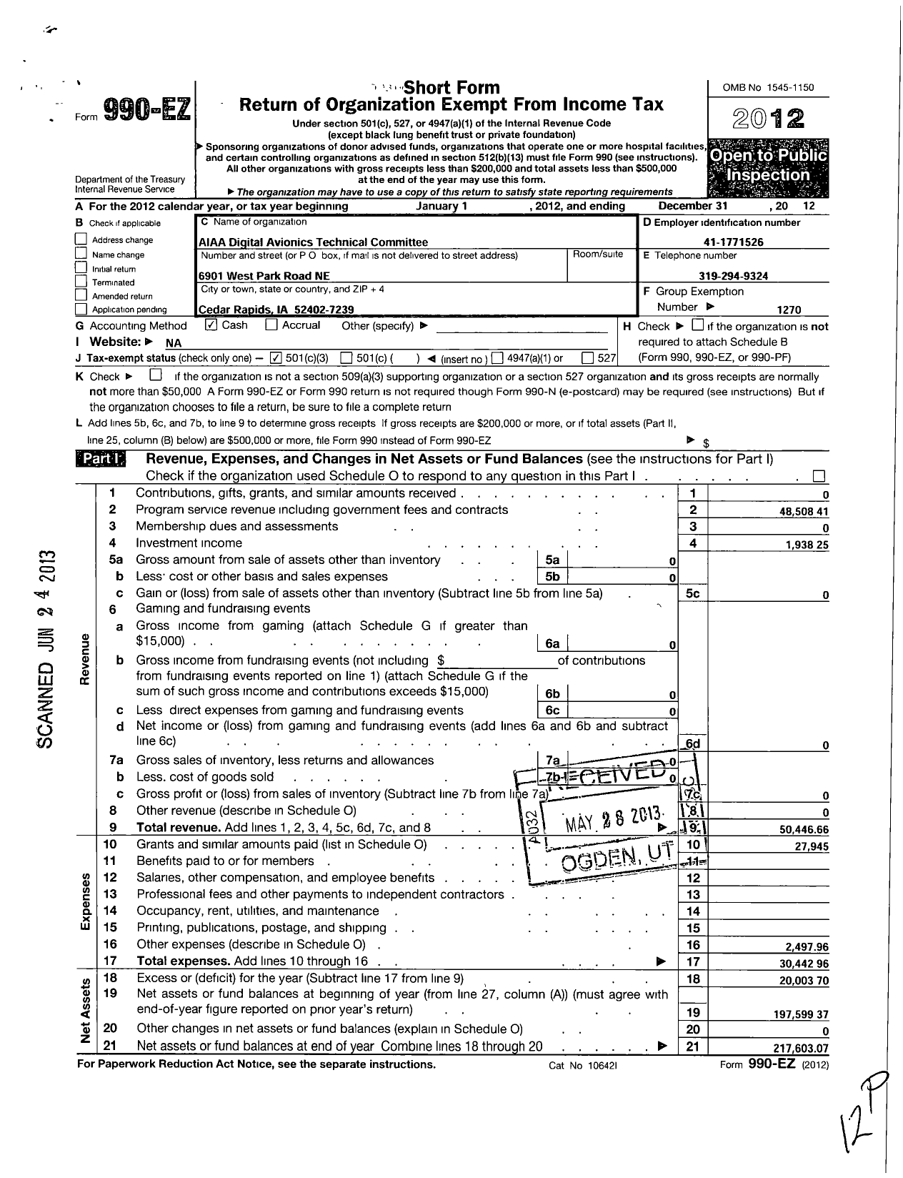 Image of first page of 2012 Form 990EZ for American Institute of Aeronautics and Astro-Digital Avionics Technical Committee