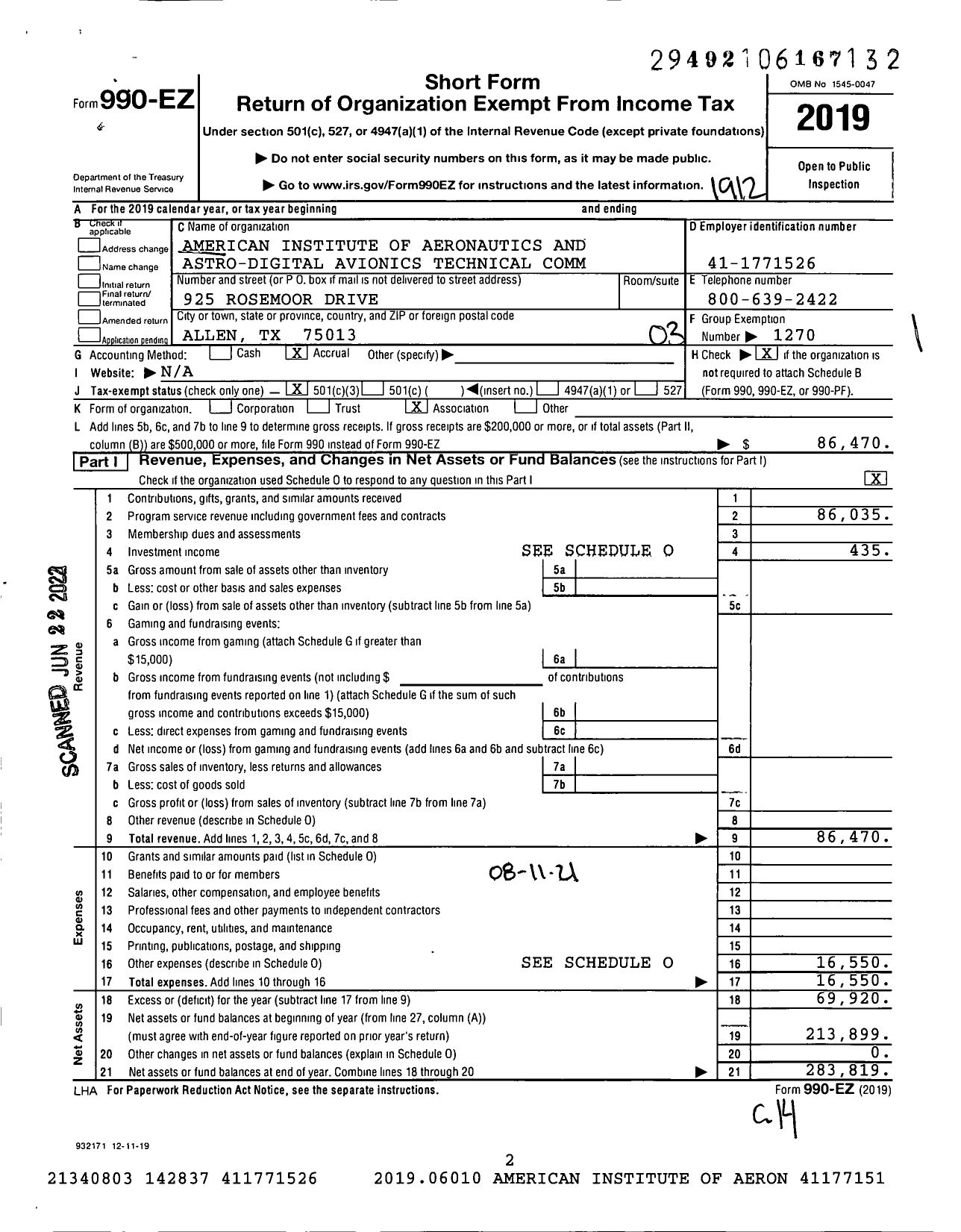 Image of first page of 2019 Form 990EZ for American Institute of Aeronautics and Astro-Digital Avionics Technical Committee