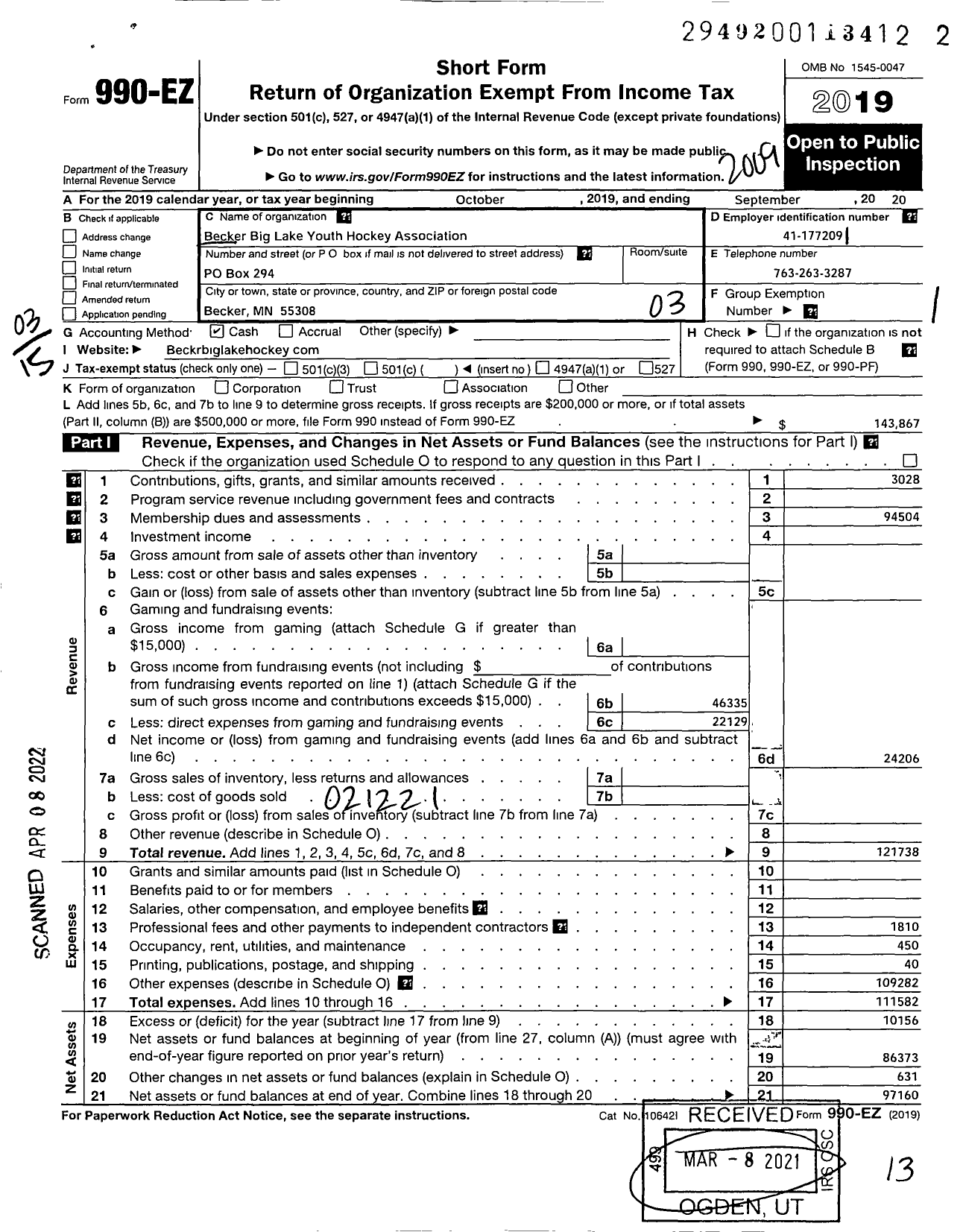 Image of first page of 2019 Form 990EZ for Becker-Big Lake Youth Hockey Association