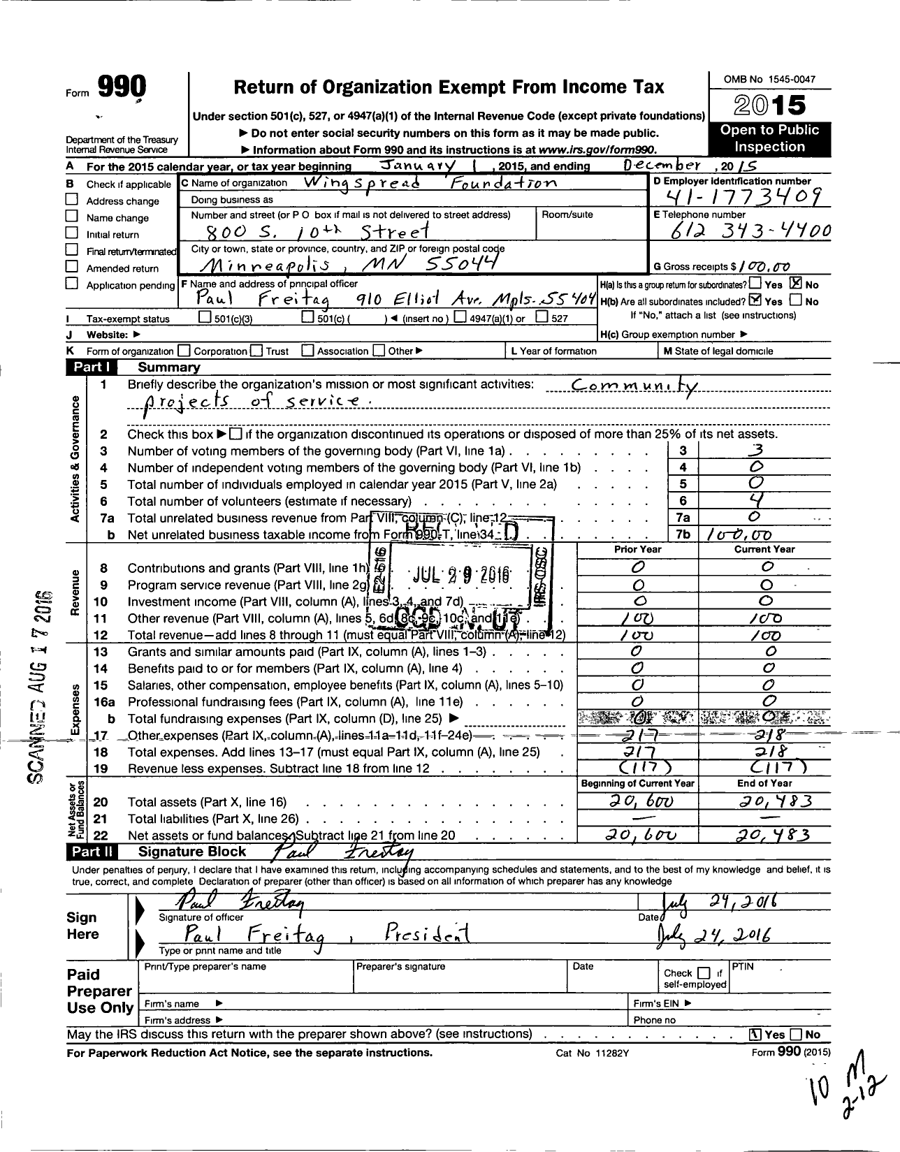 Image of first page of 2015 Form 990O for Wingspread Foundation