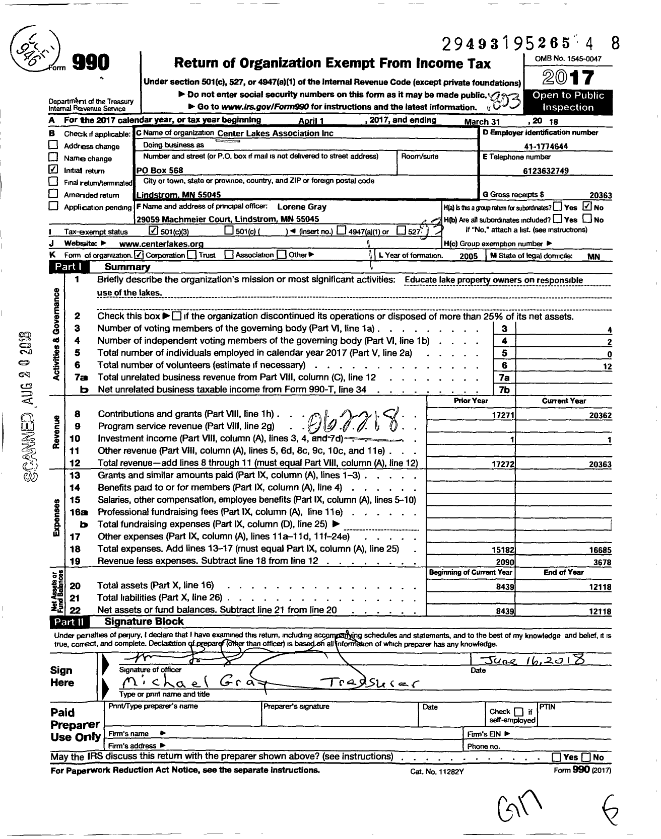 Image of first page of 2017 Form 990 for Center Lakes Association