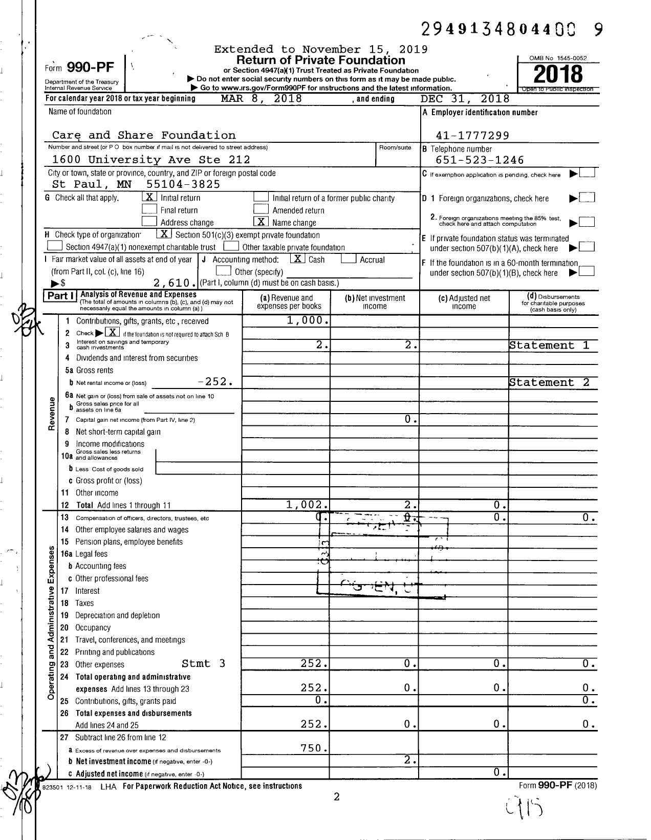 Image of first page of 2018 Form 990PF for Care and Share Foundation / Coummity Hospital