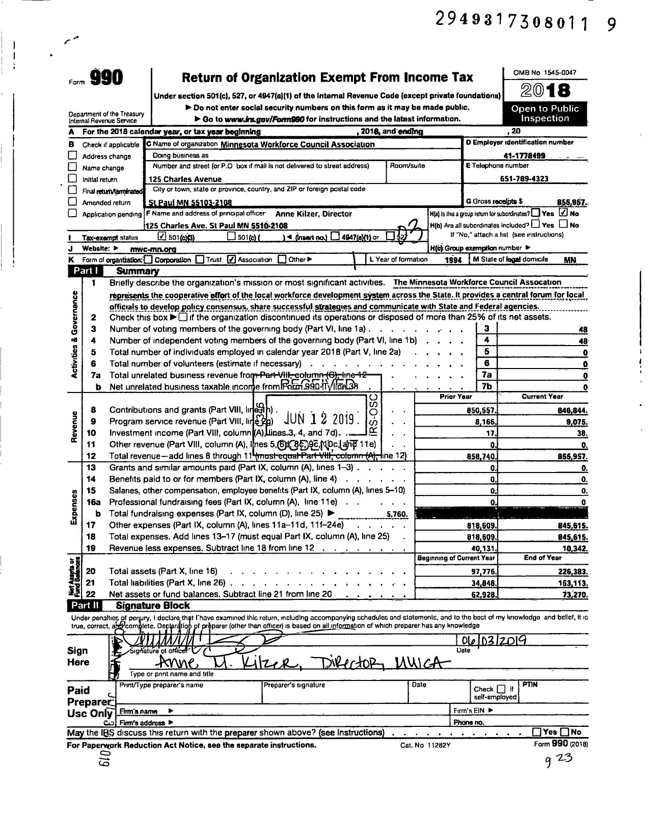 Image of first page of 2018 Form 990 for Minnesota Association of Workforce Boards