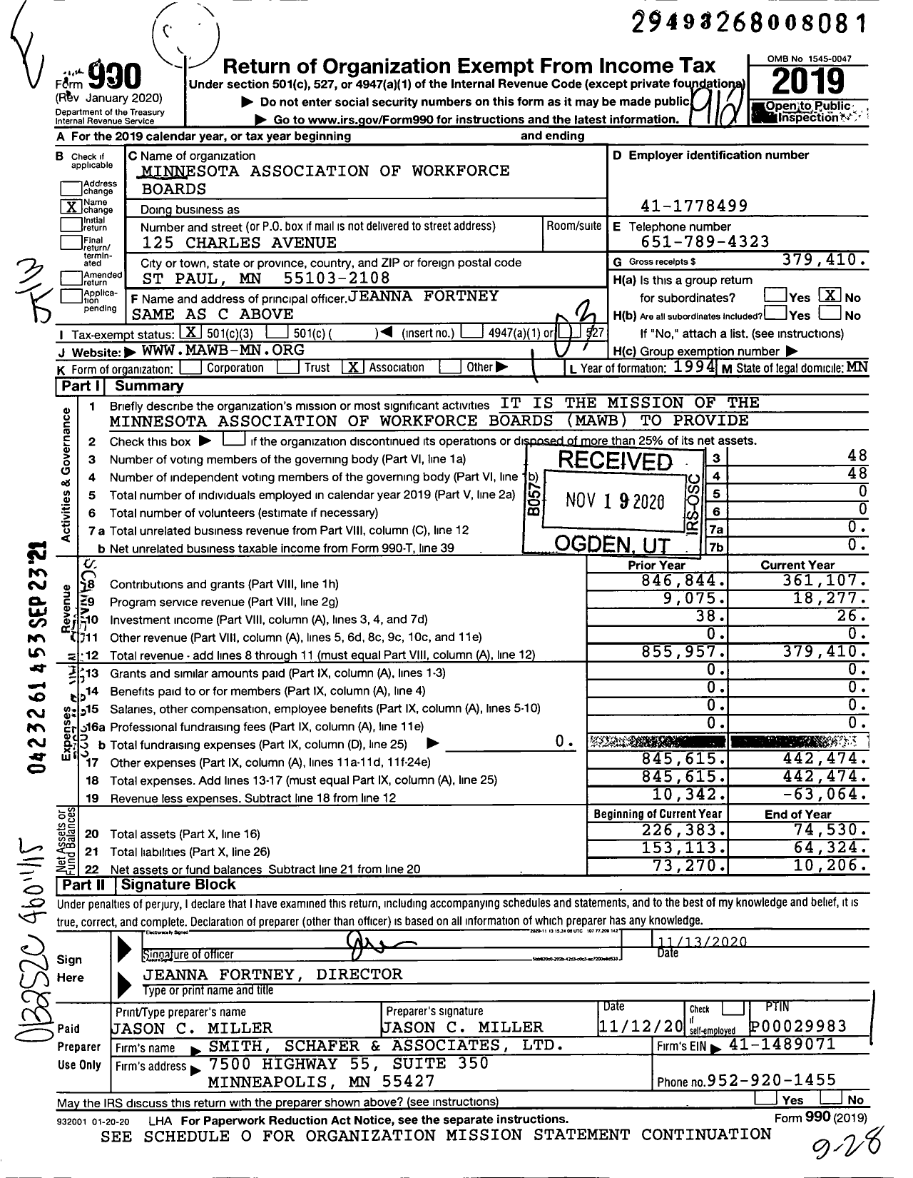 Image of first page of 2019 Form 990 for Minnesota Association of Workforce Boards