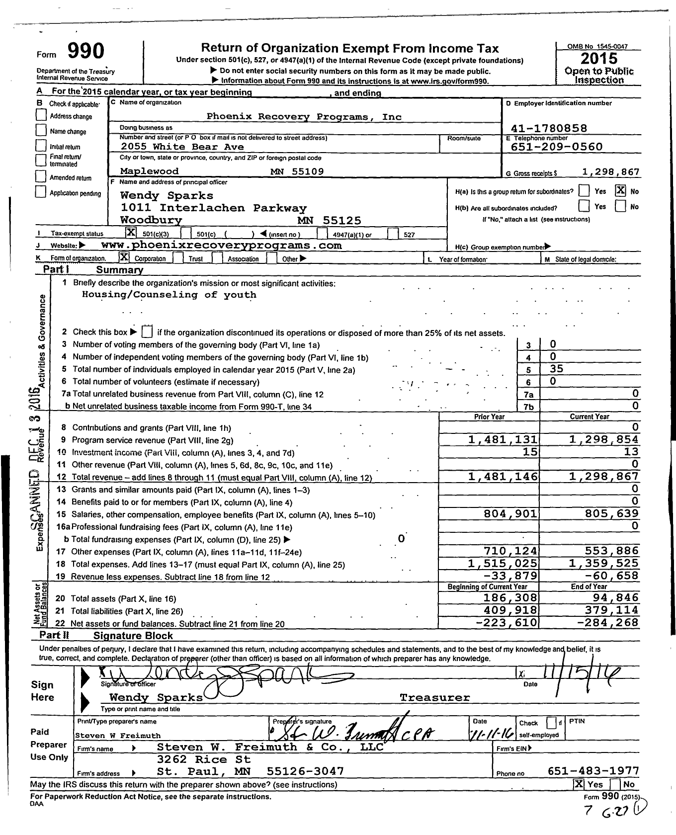 Image of first page of 2015 Form 990 for Phoenix Recovery Programs