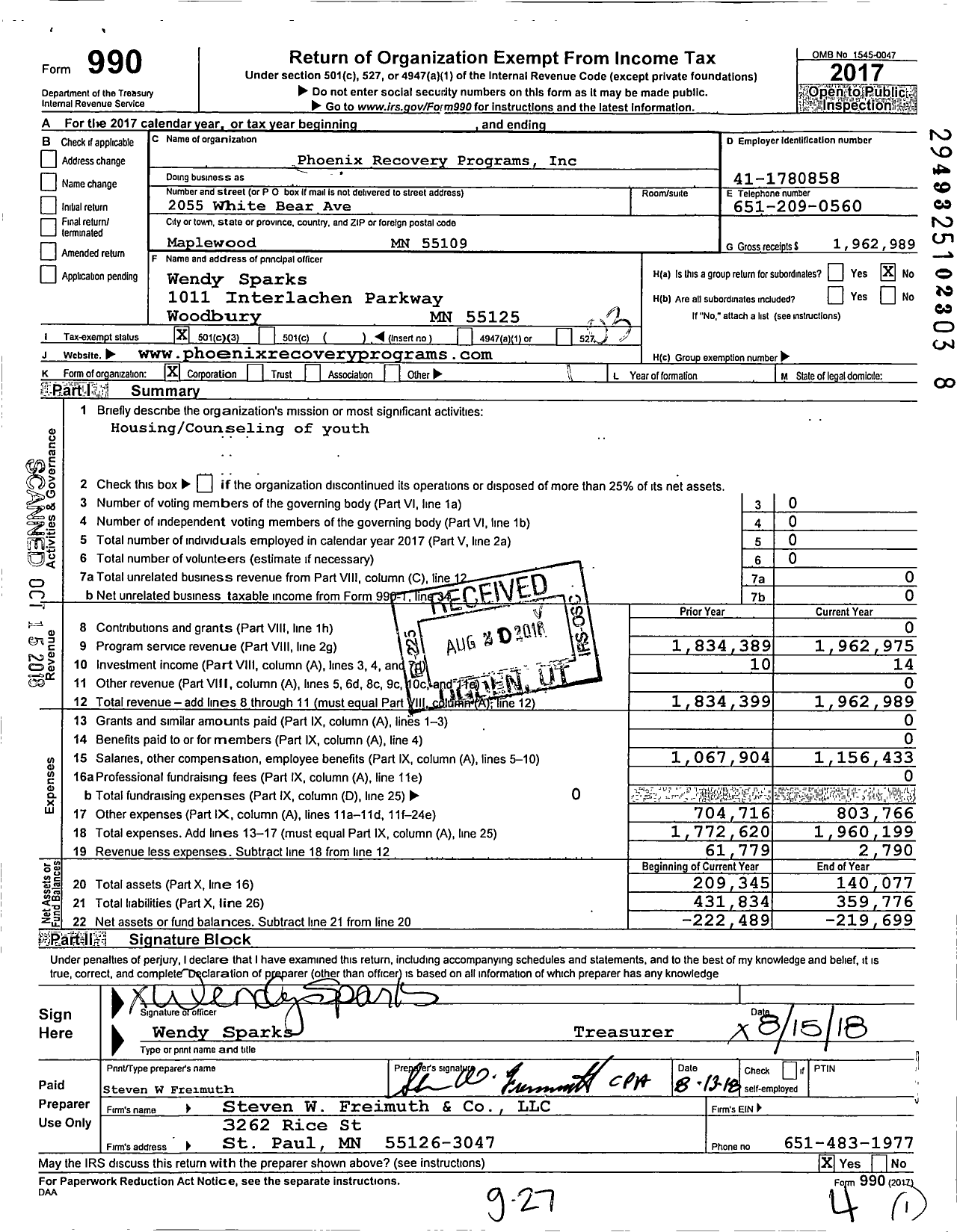 Image of first page of 2017 Form 990 for Phoenix Recovery Programs