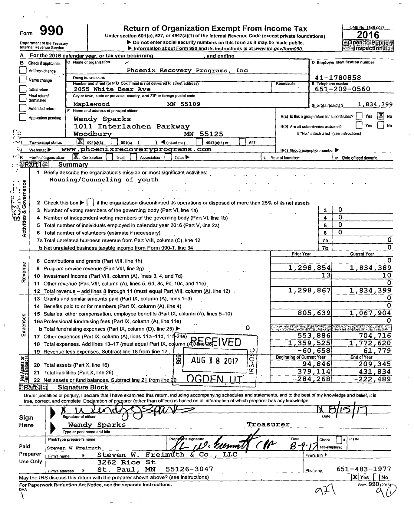 Image of first page of 2016 Form 990 for Phoenix Recovery Programs
