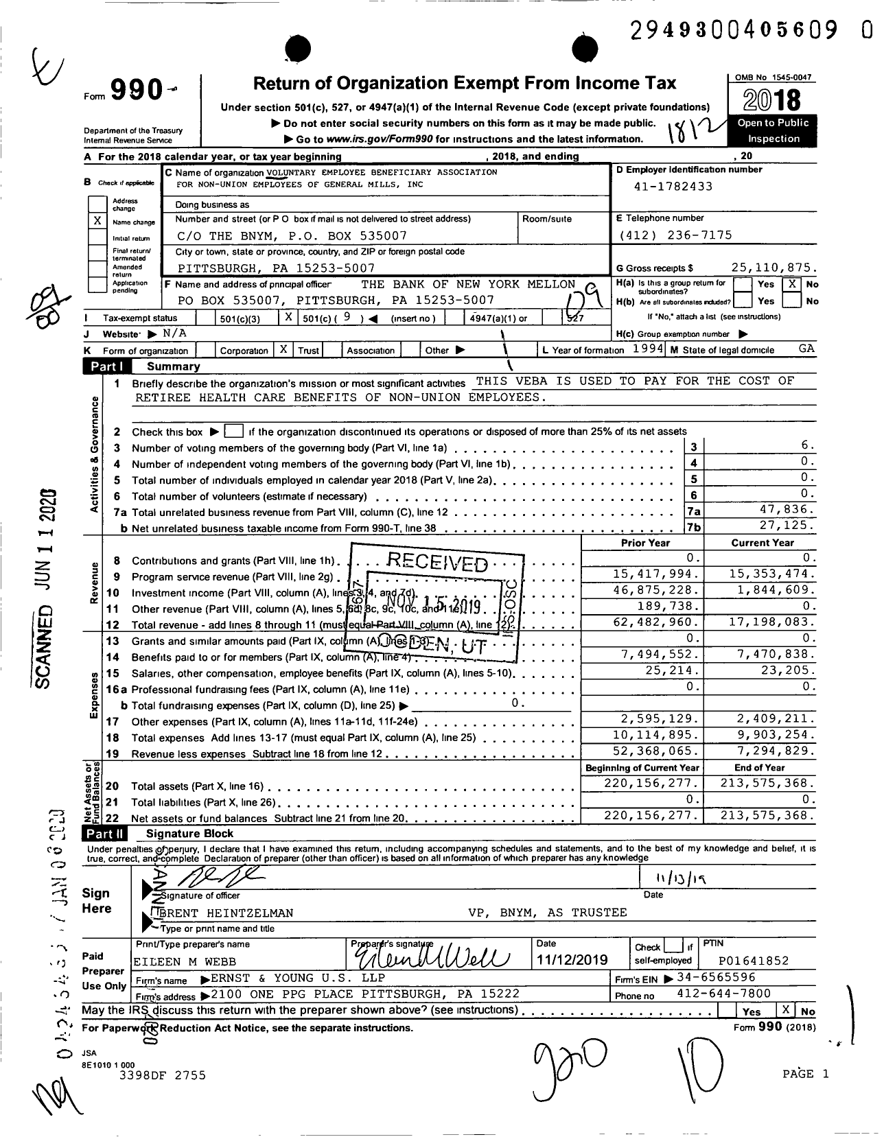Image of first page of 2018 Form 990O for Voluntary Employees' Beneficiary Association for Non-Union Employees of General Mills