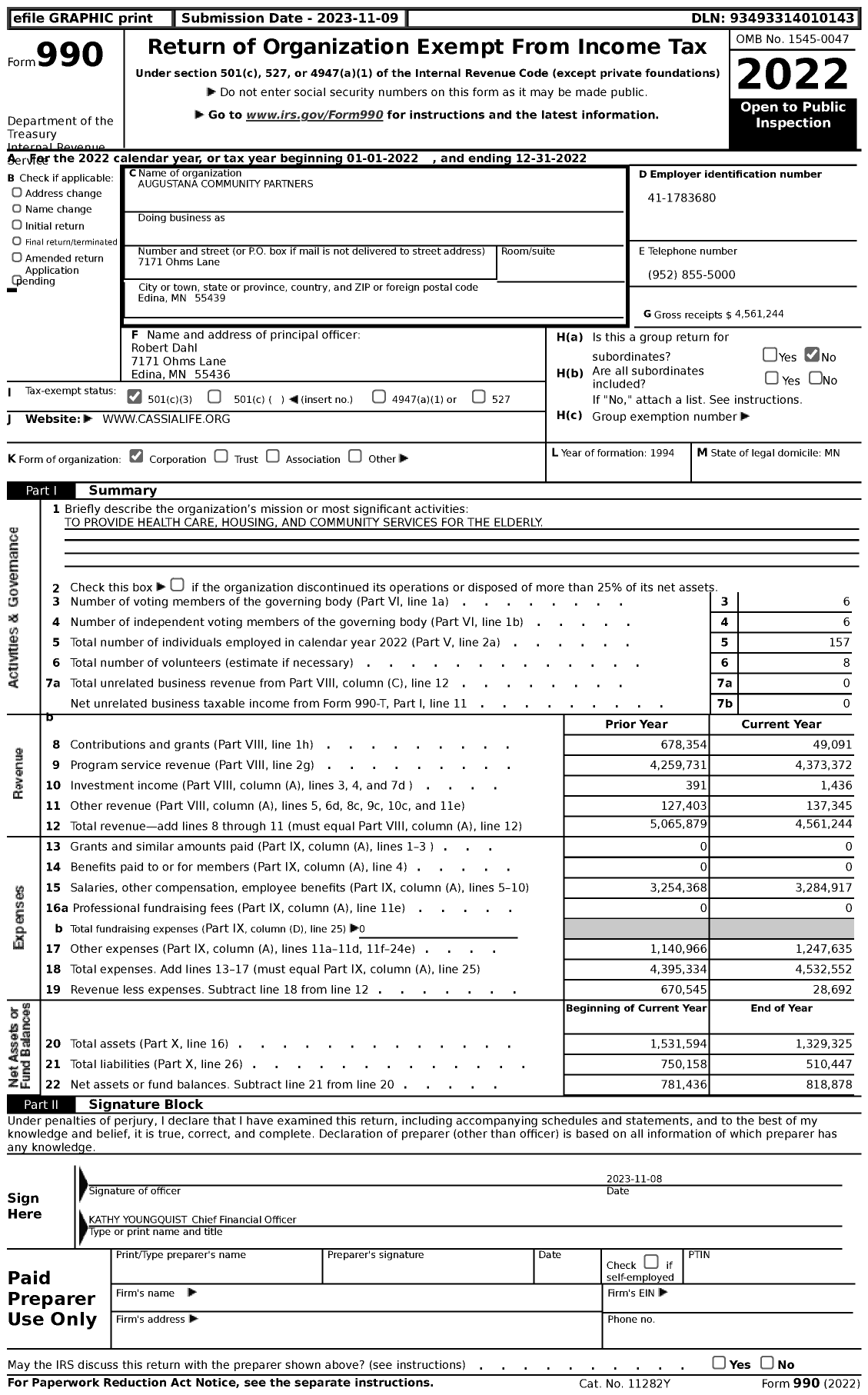 Image of first page of 2022 Form 990 for Augustana Community Partners
