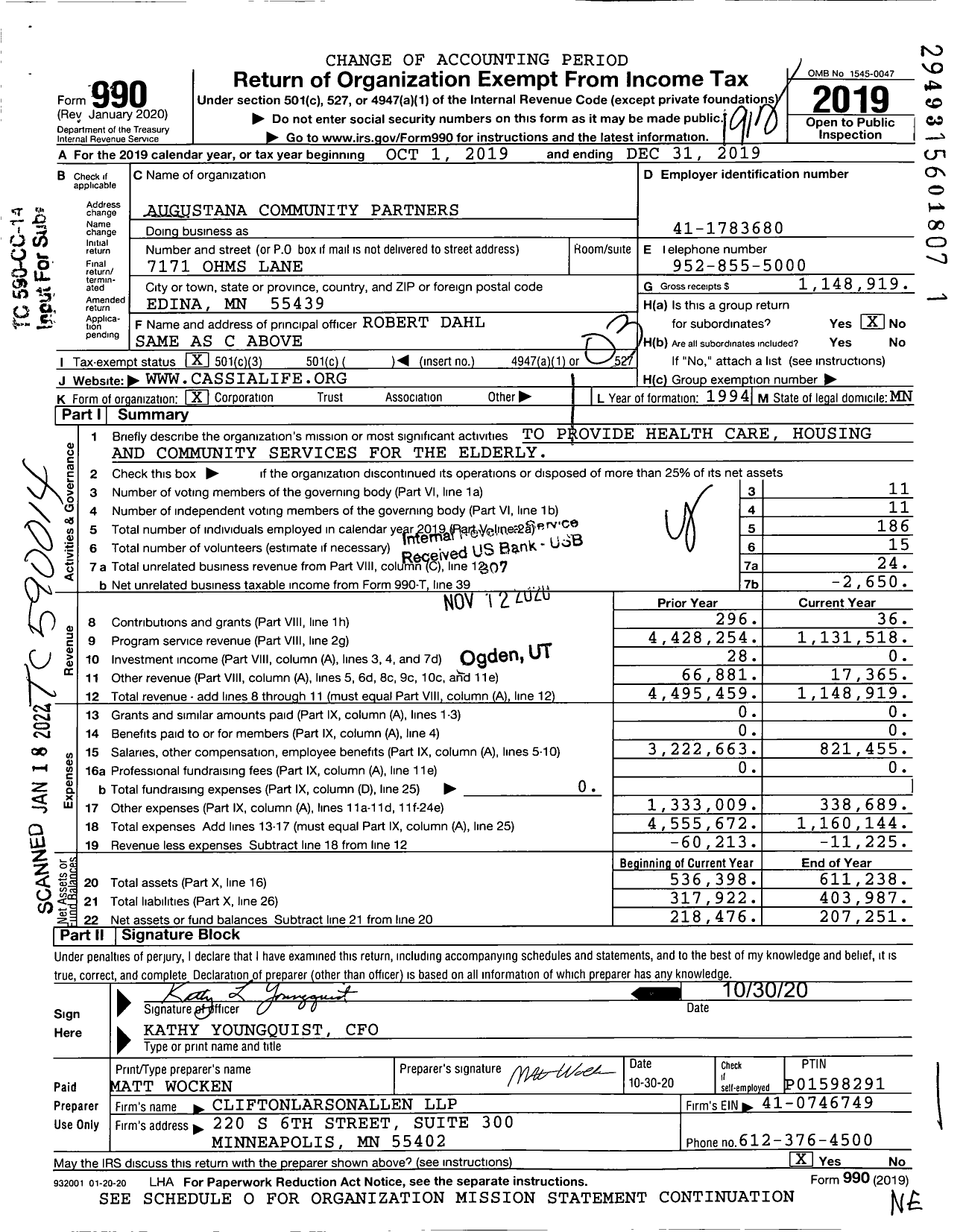 Image of first page of 2019 Form 990 for Augustana Community Partners