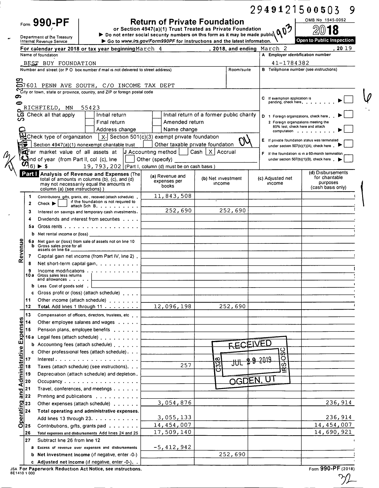 Image of first page of 2018 Form 990PF for Best Buy Foundation