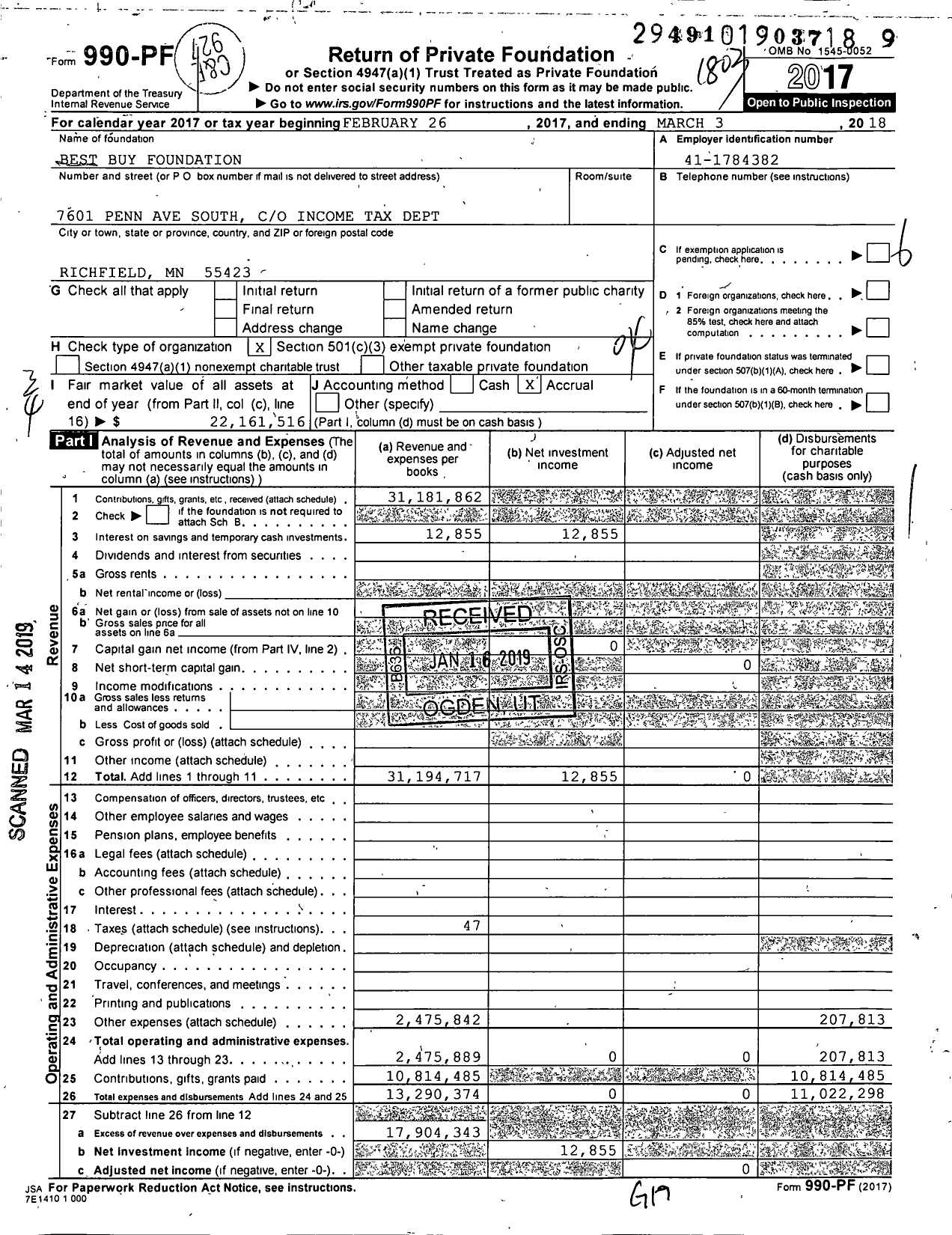 Image of first page of 2017 Form 990PF for Best Buy Foundation