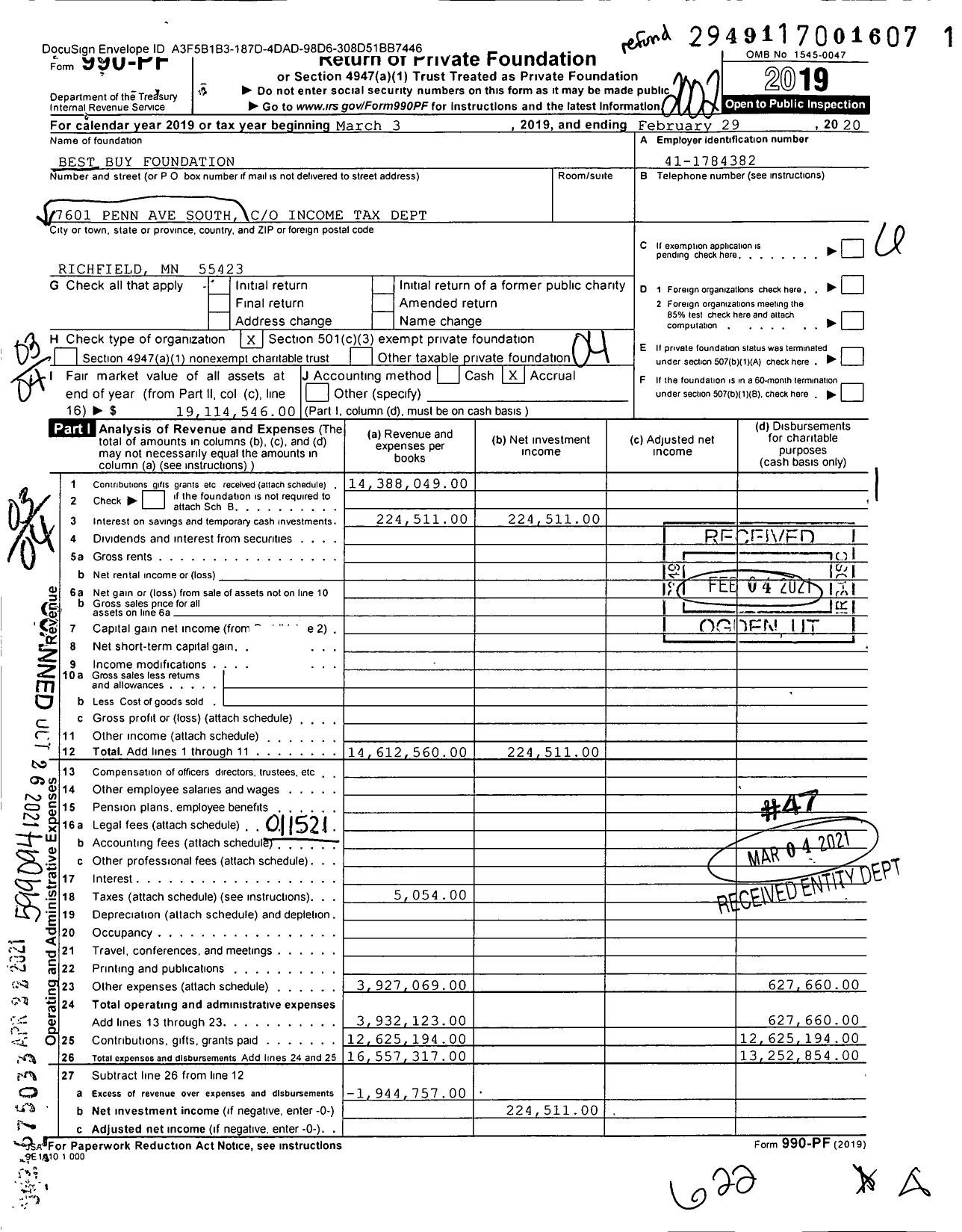 Image of first page of 2019 Form 990PF for Best Buy Foundation