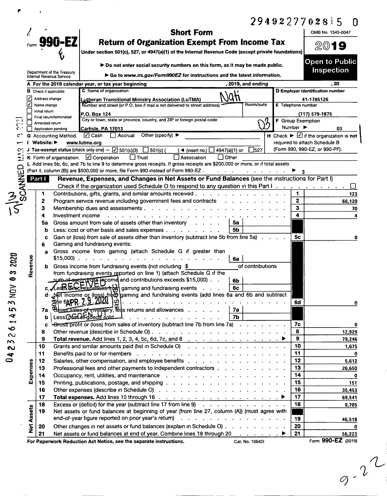 Image of first page of 2019 Form 990EZ for Lutheran Transitional Ministry Associati