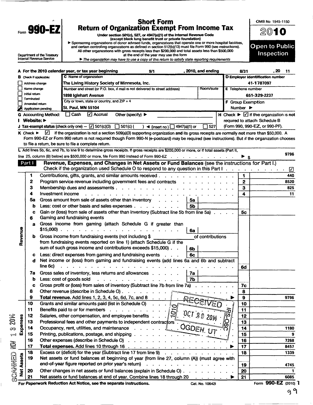 Image of first page of 2010 Form 990EZ for Living History Society of Minnesota