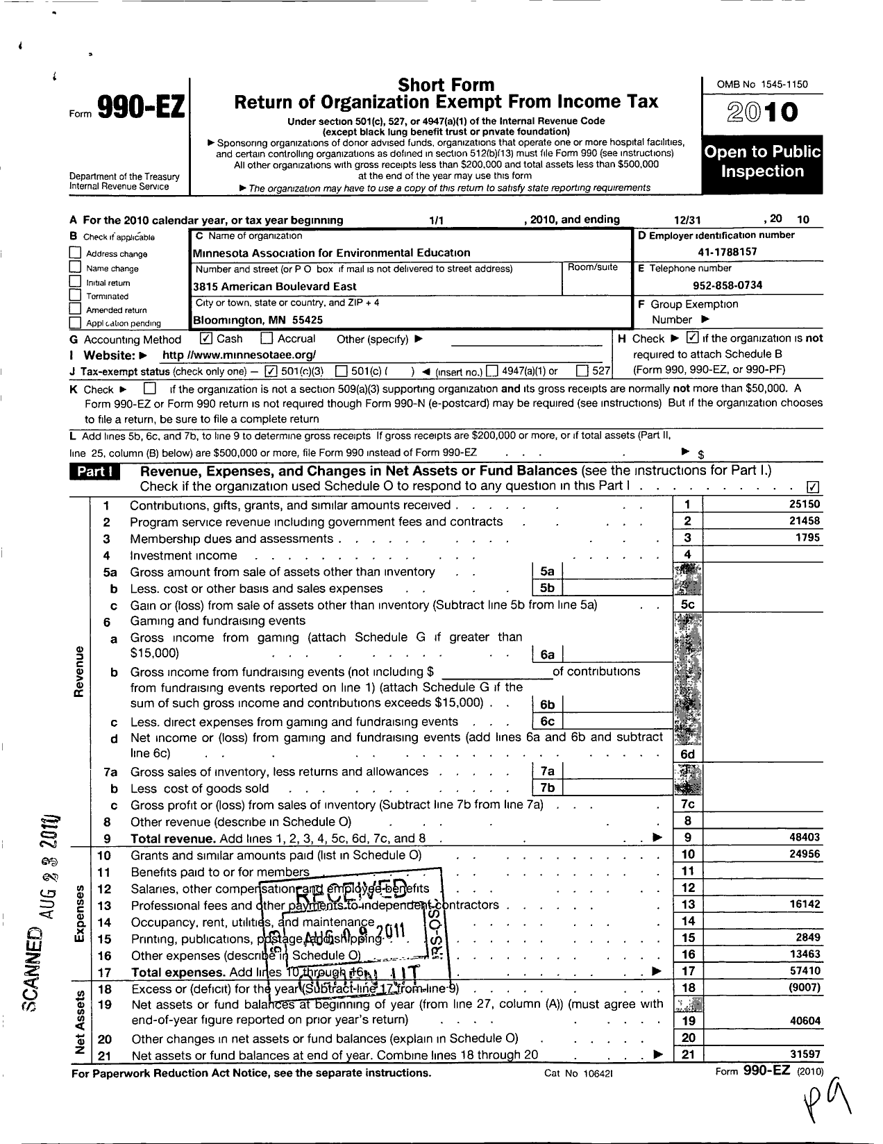 Image of first page of 2010 Form 990EZ for Minnesota Association for Environmental Education