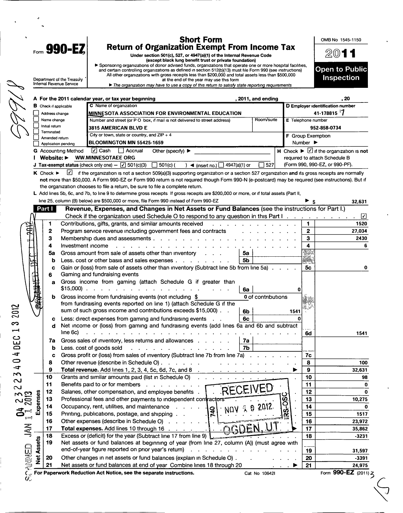 Image of first page of 2011 Form 990EZ for Minnesota Association for Environmental Education