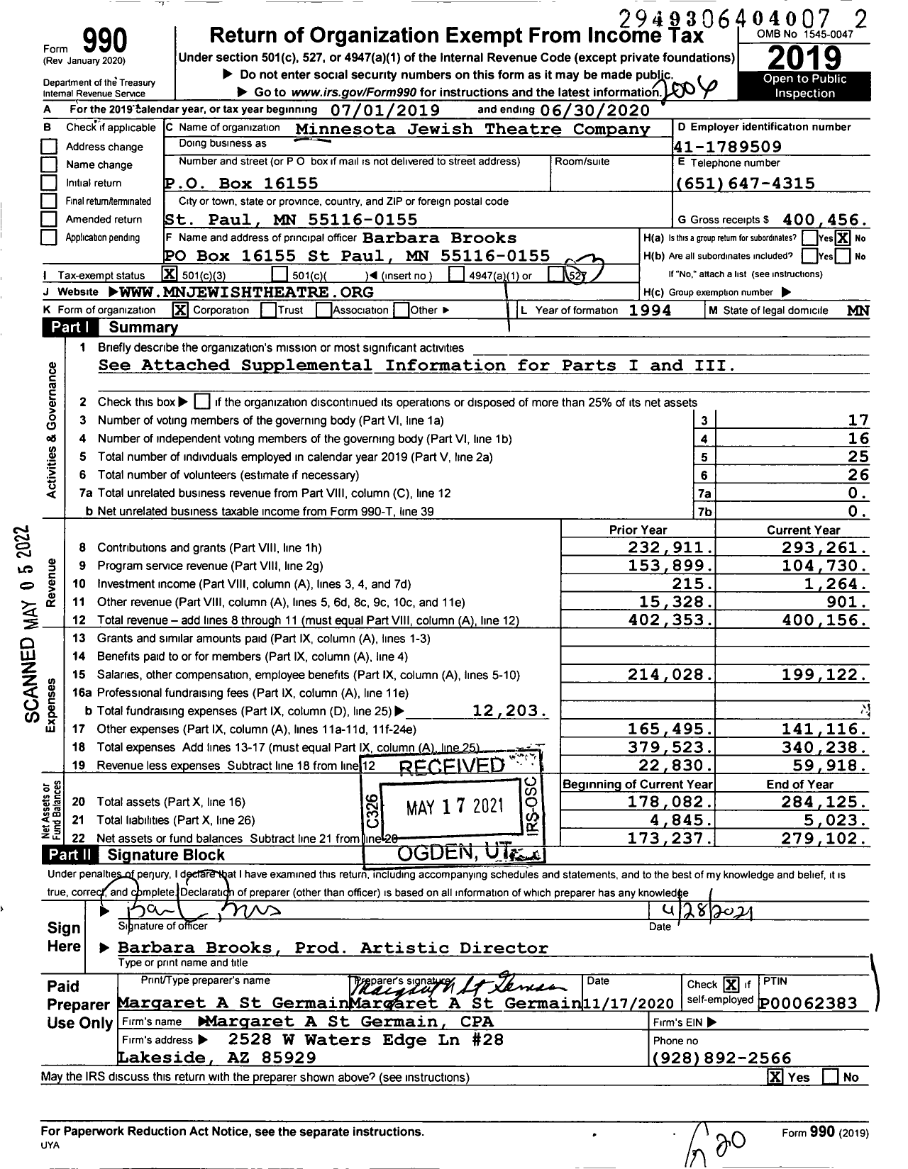 Image of first page of 2019 Form 990 for Six Points Theater