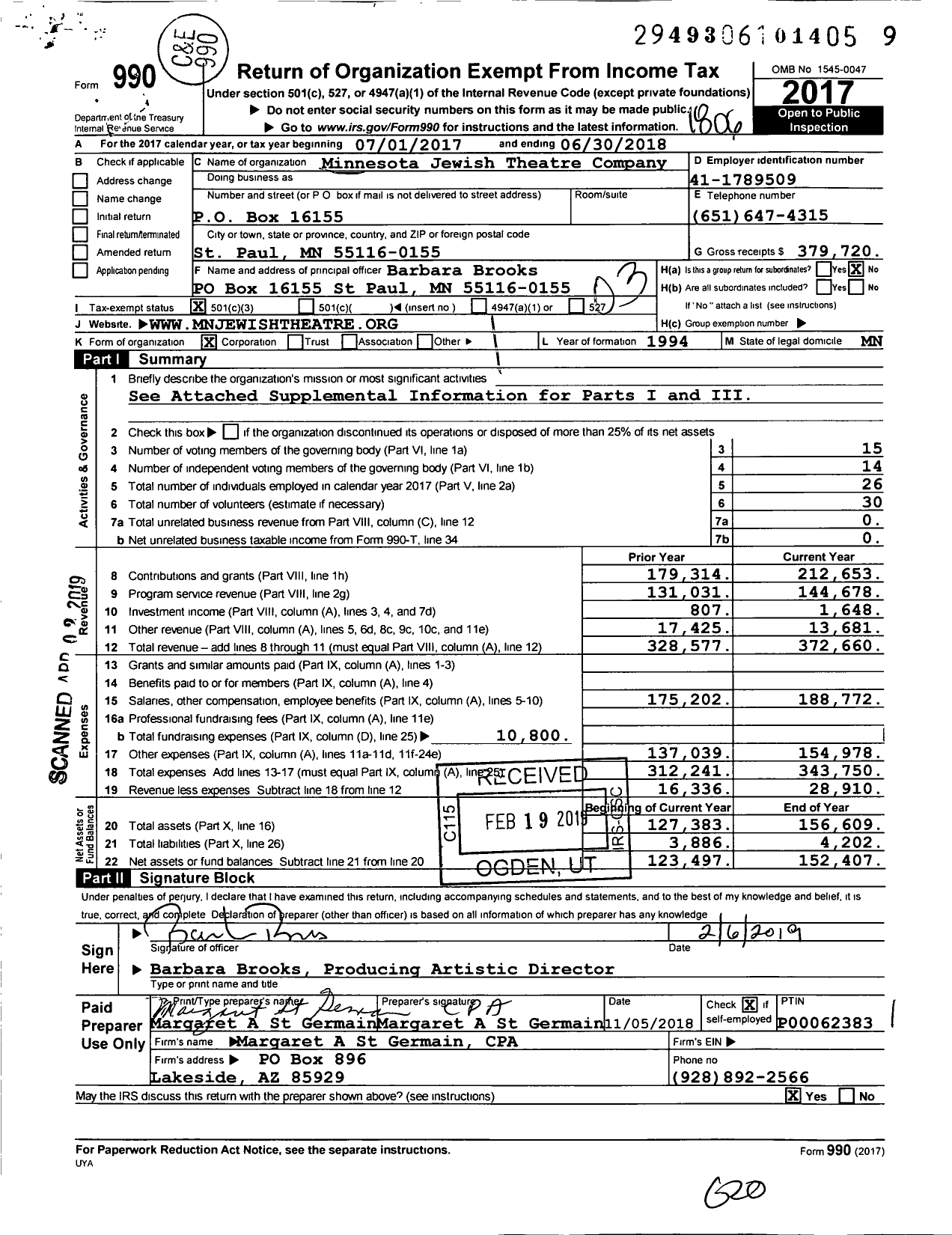 Image of first page of 2017 Form 990 for Six Points Theater