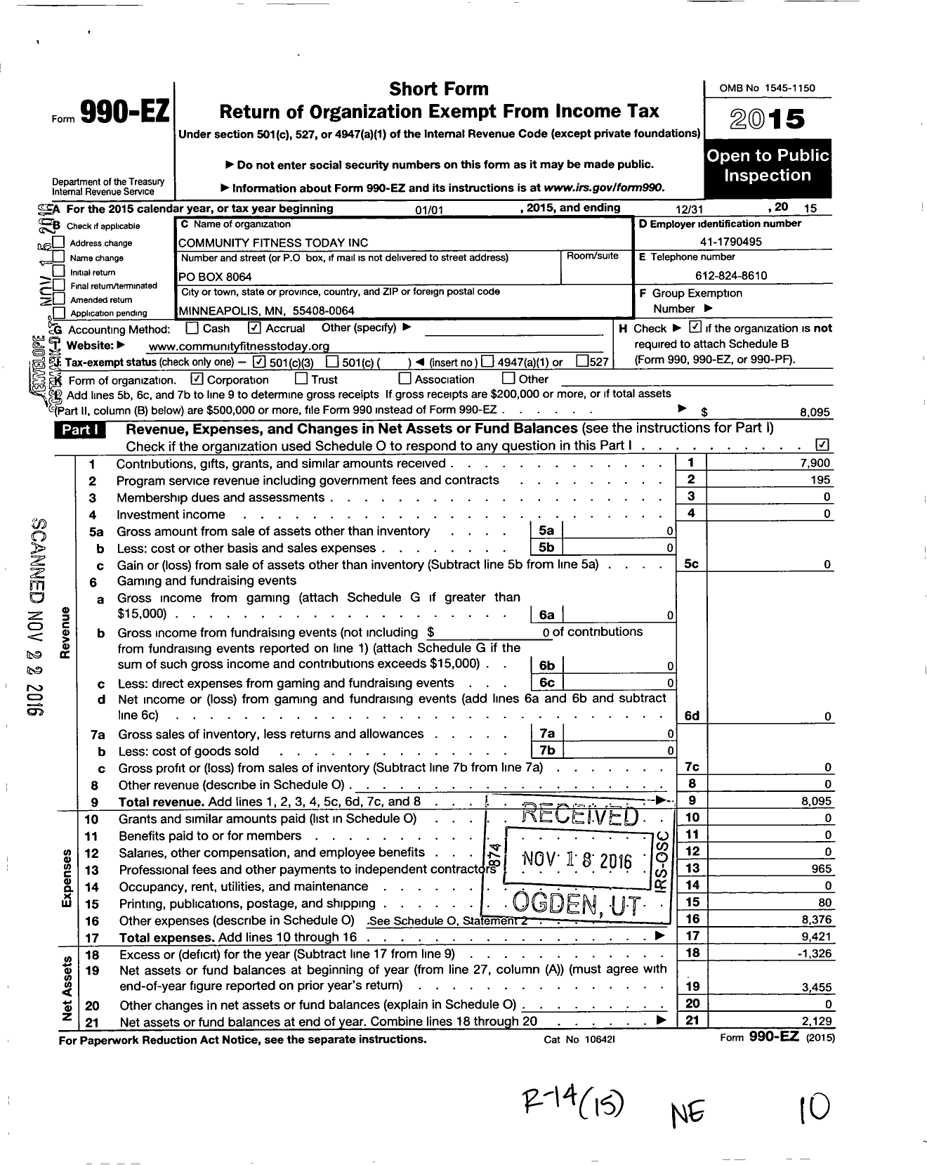 Image of first page of 2015 Form 990EZ for Community Fitness Today