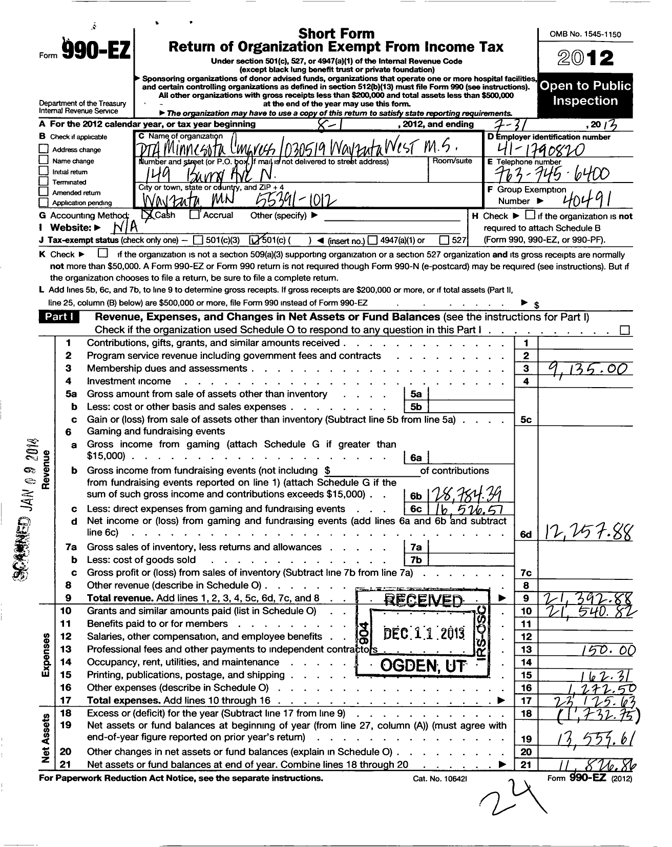 Image of first page of 2012 Form 990EO for Wayzata West Middle School Ptsa