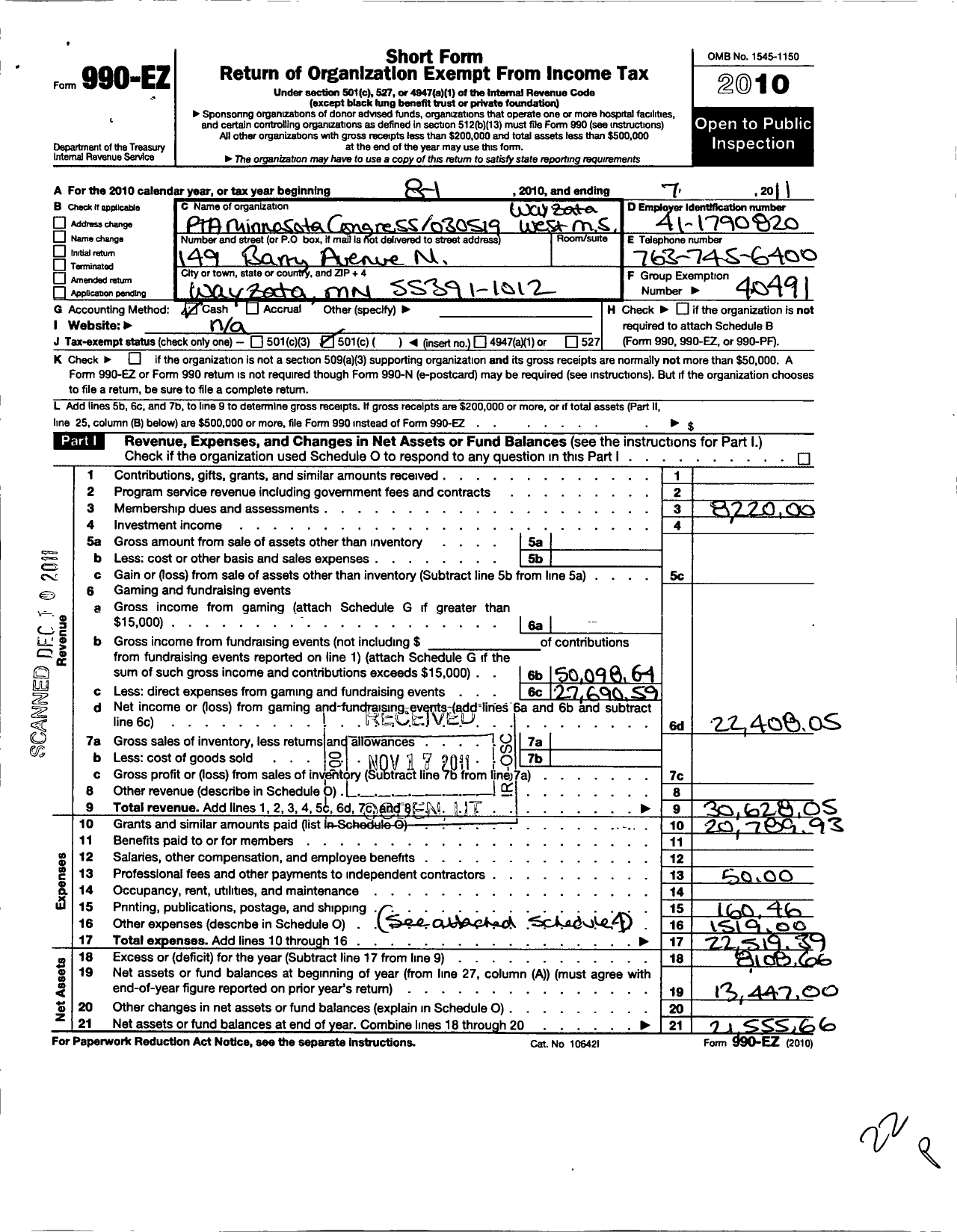 Image of first page of 2010 Form 990EO for Wayzata West Middle School Ptsa