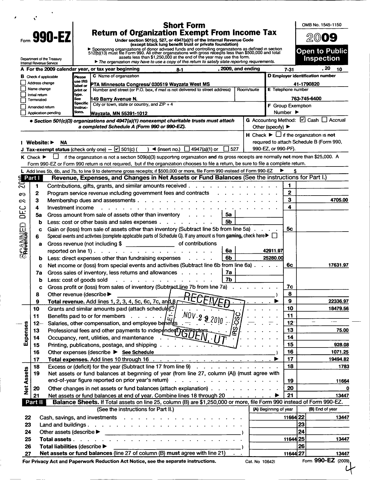 Image of first page of 2009 Form 990EO for Wayzata West Middle School Ptsa