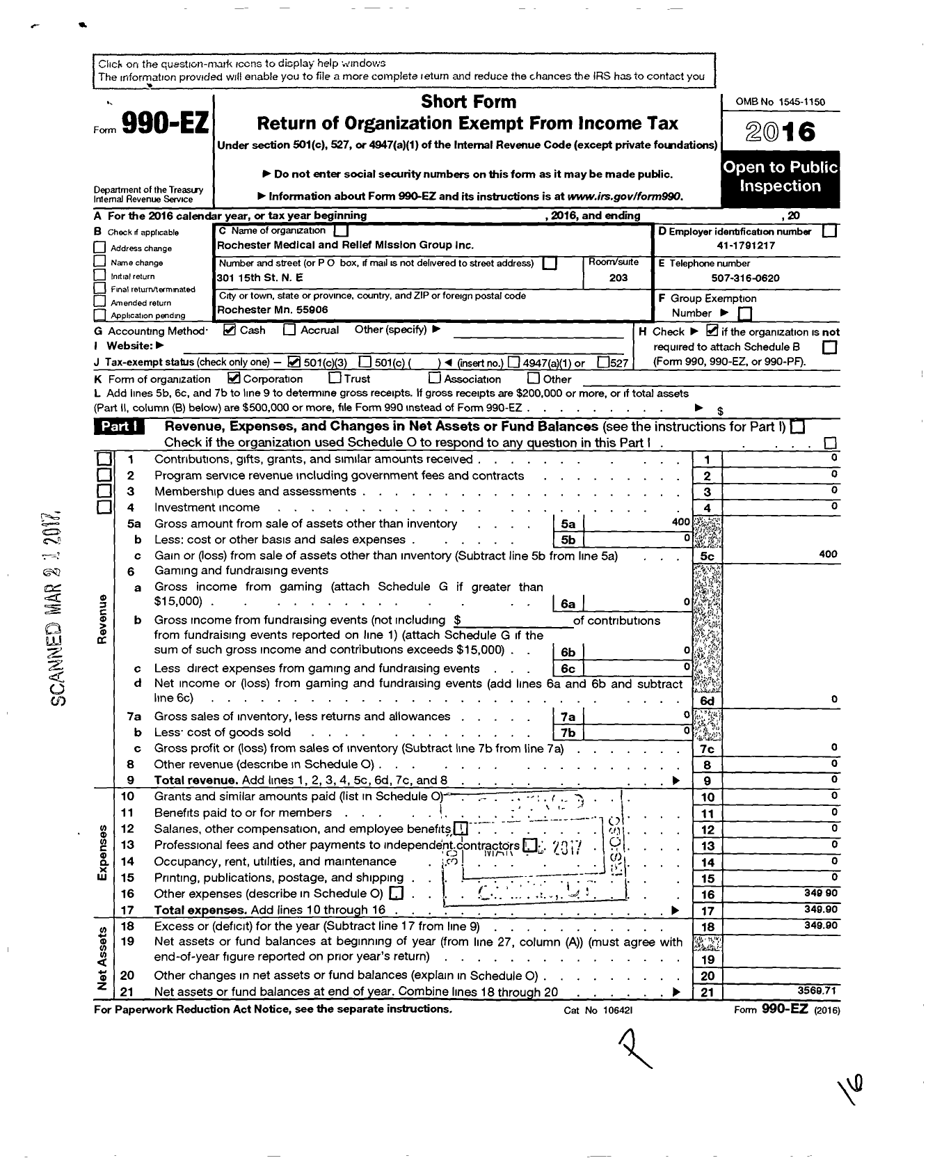 Image of first page of 2016 Form 990EZ for Rochester Medical and Relief Mission Group