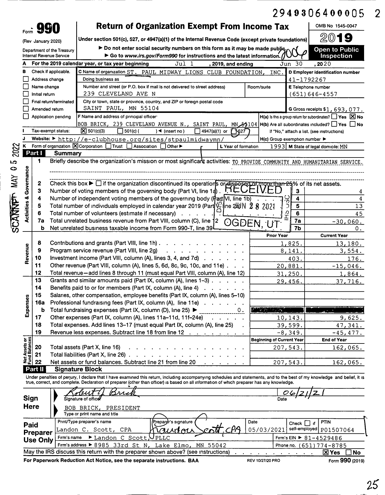 Image of first page of 2019 Form 990 for St Paul Lions Club Foundation