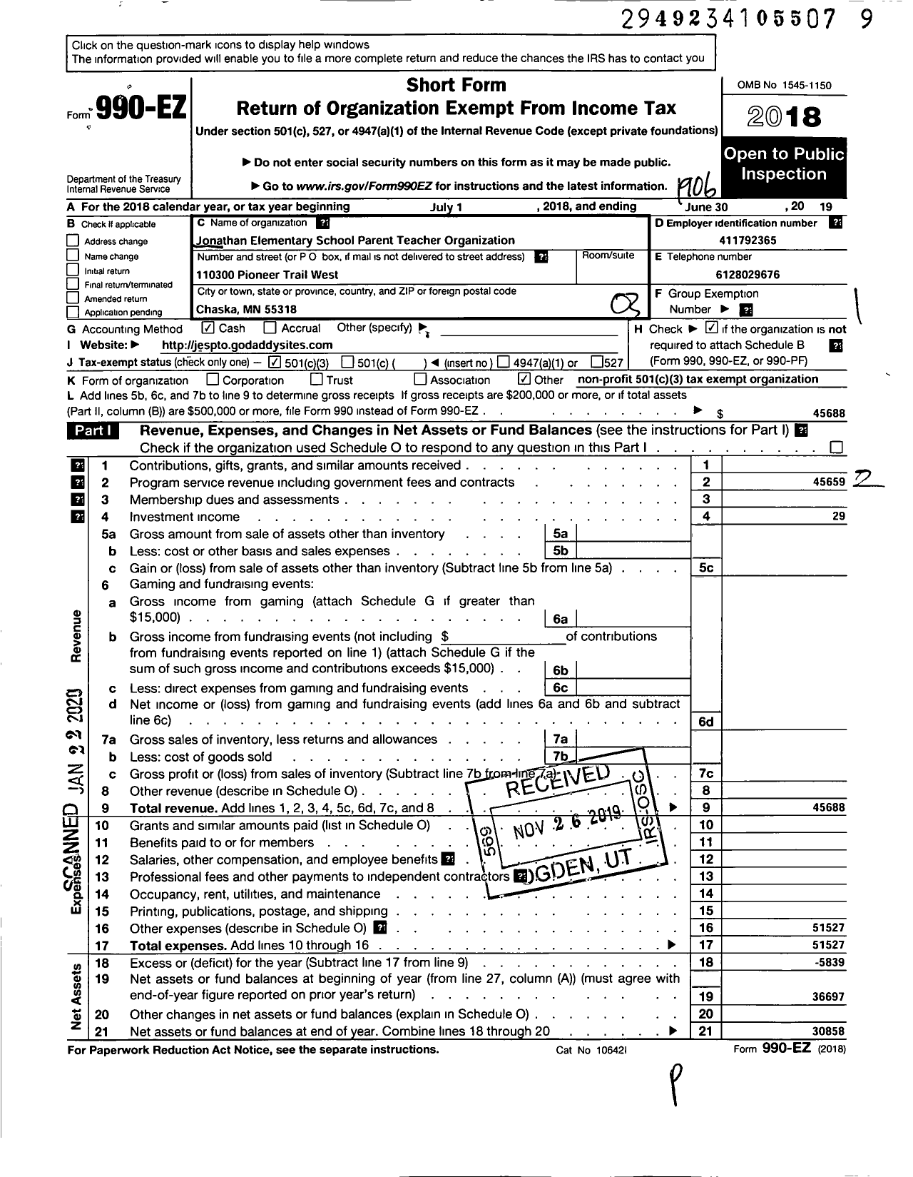 Image of first page of 2018 Form 990EZ for Jonathan Elementary School Parent Teacher Organization