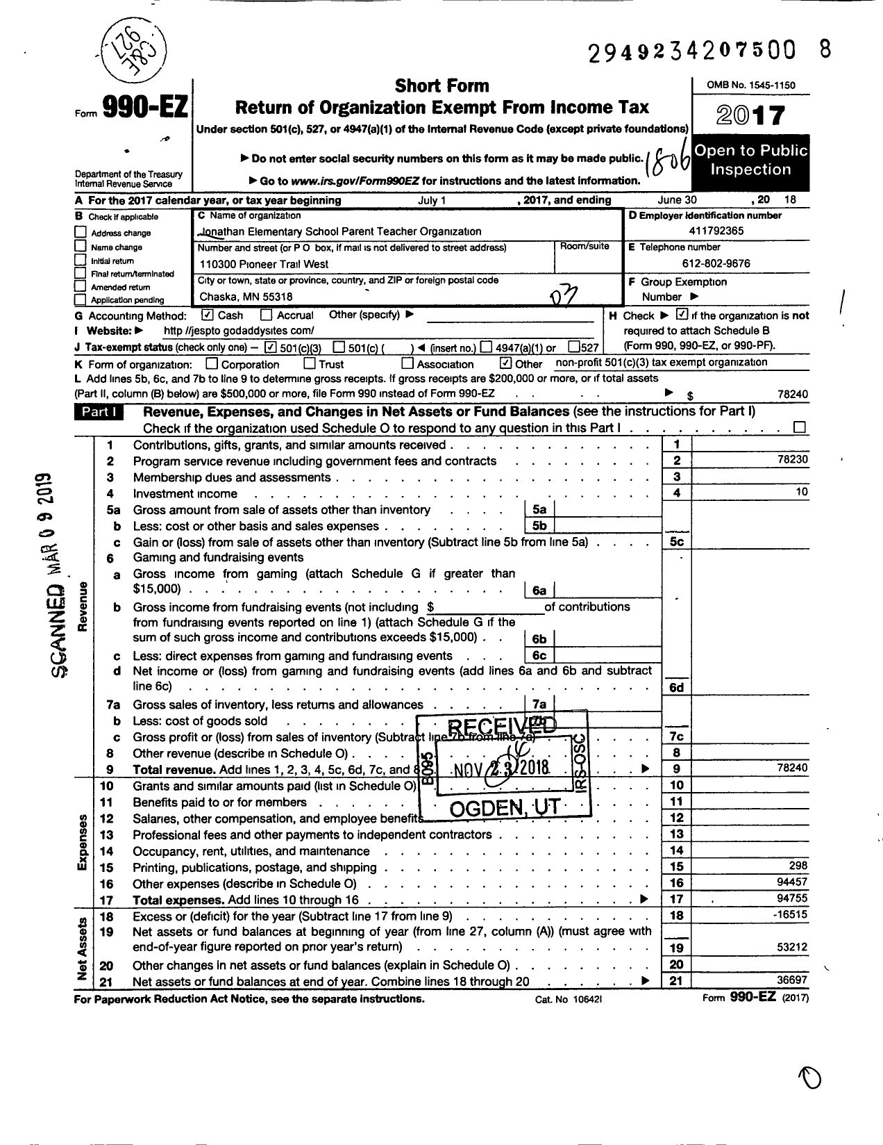 Image of first page of 2017 Form 990EZ for Jonathan Elementary School Parent Teacher Organization