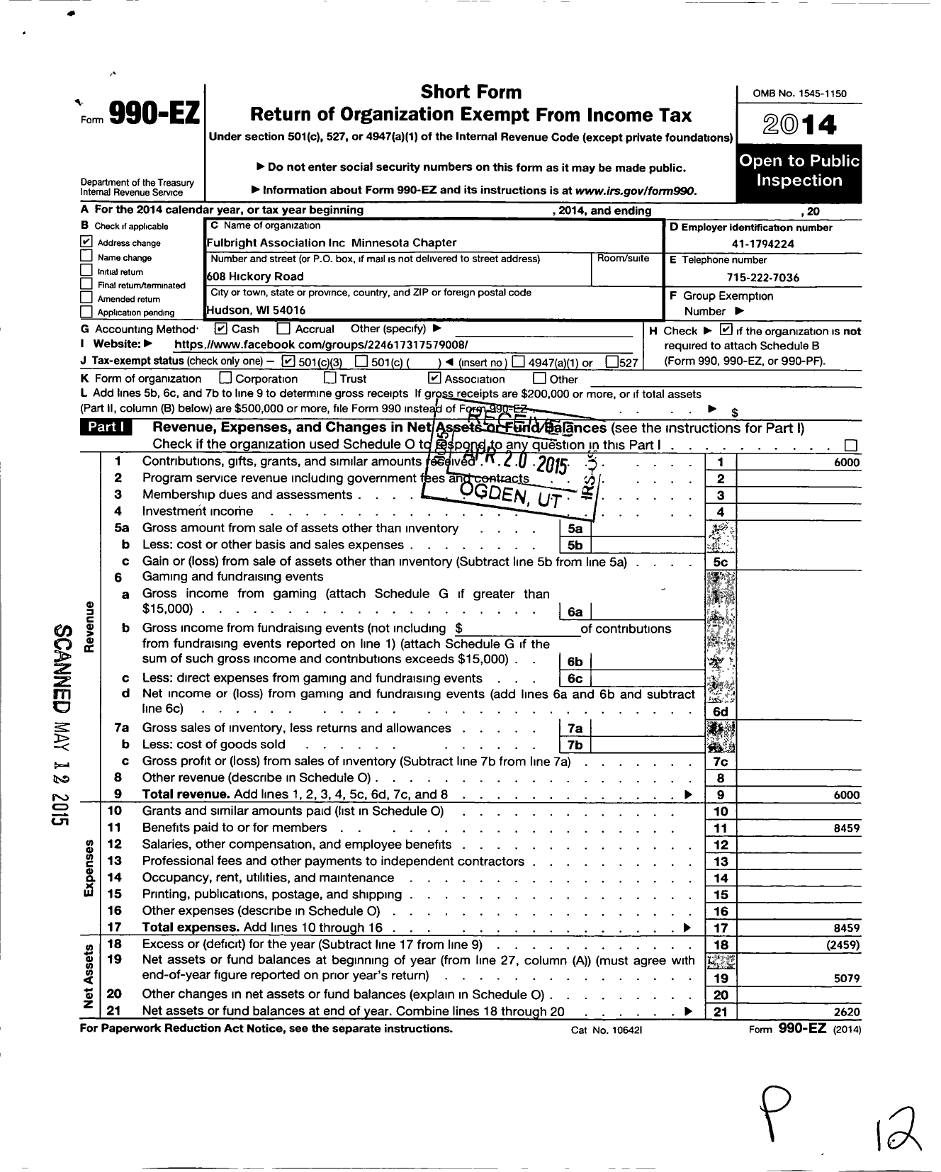 Image of first page of 2014 Form 990EZ for Fulbright Association / Minnesota Chapter