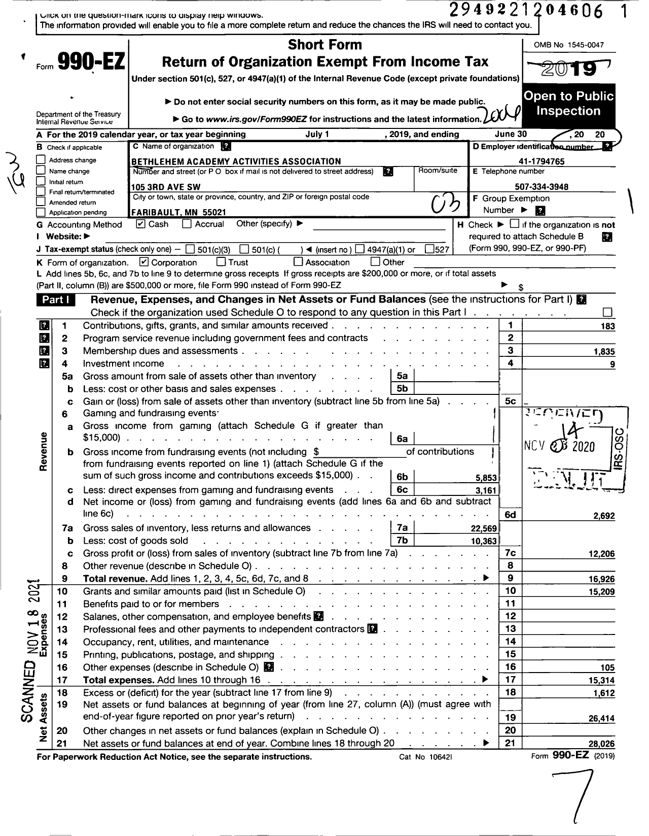 Image of first page of 2019 Form 990EZ for Bethlehem Academy Activities Association