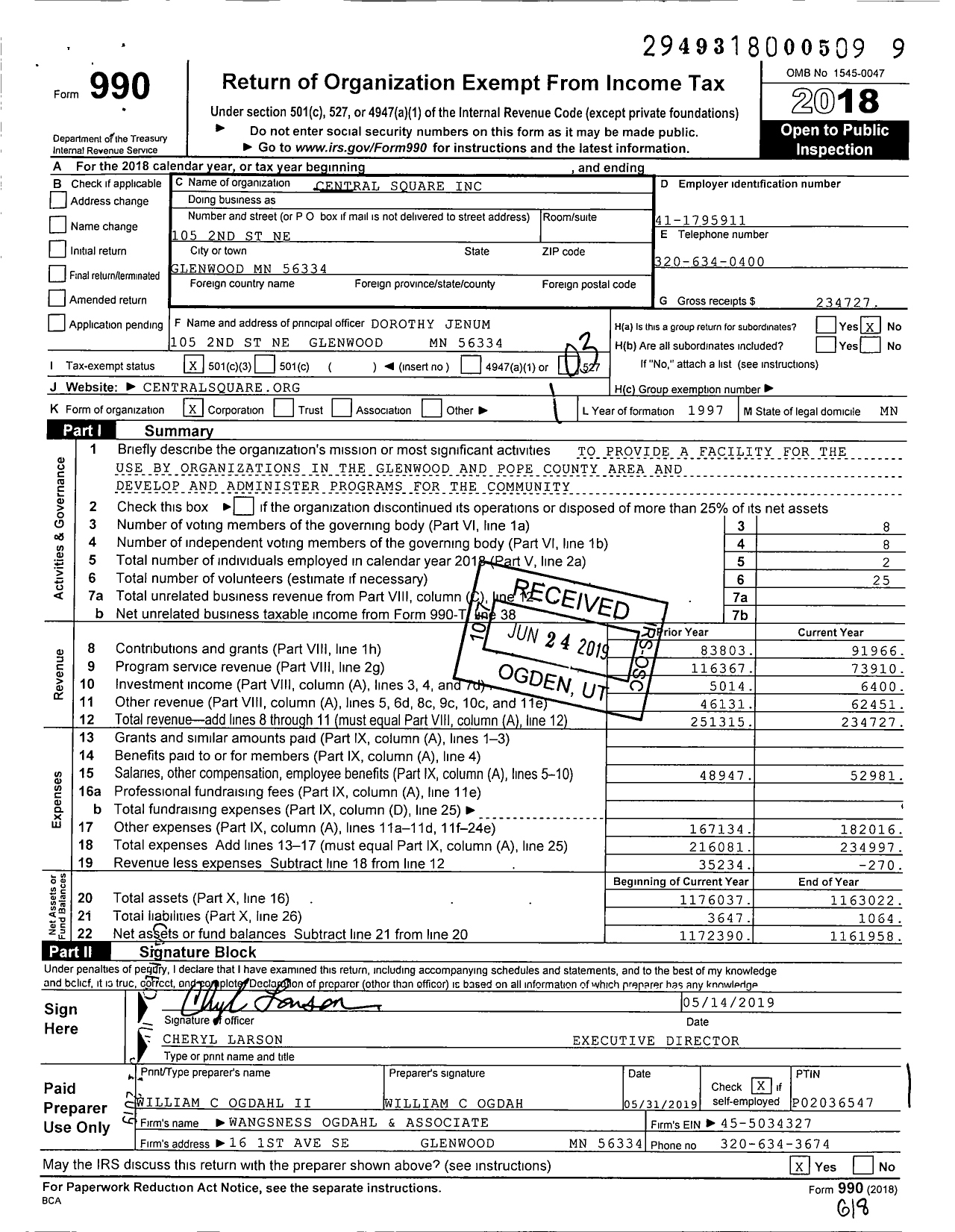 Image of first page of 2018 Form 990 for Central Square