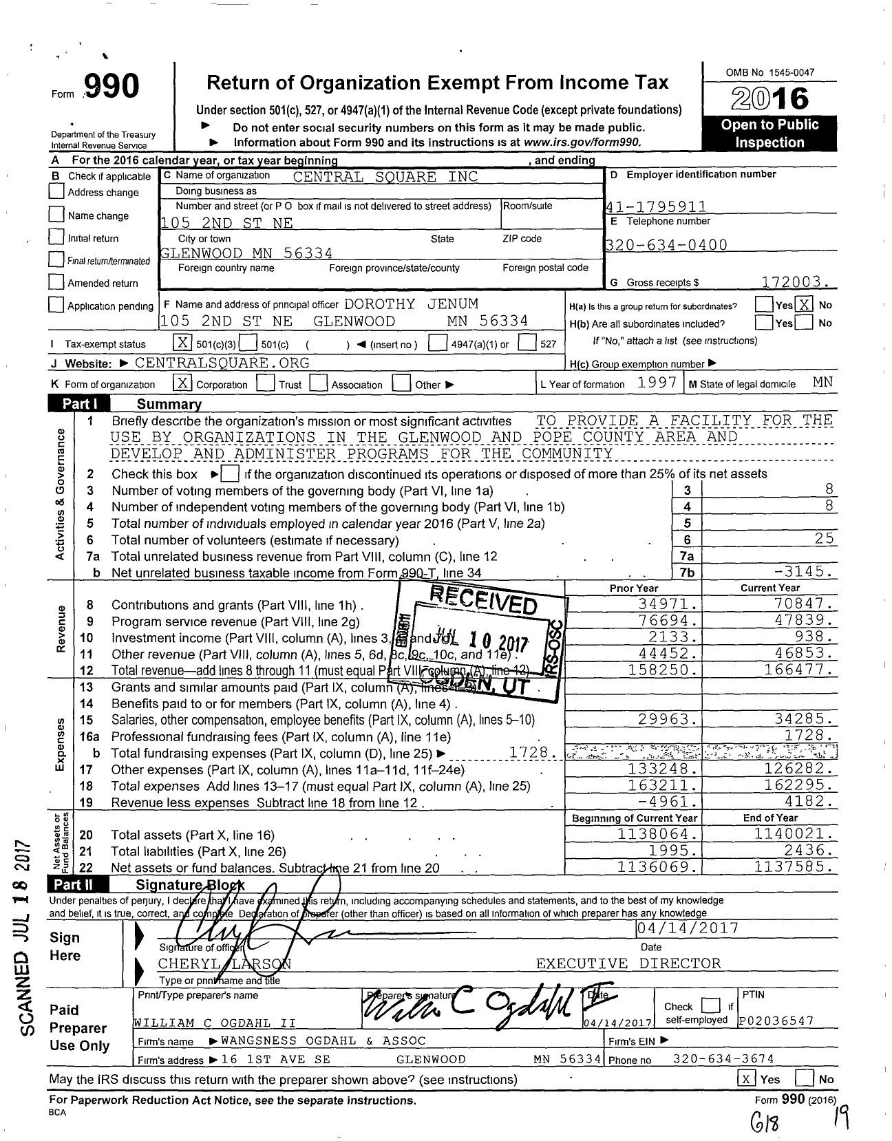 Image of first page of 2016 Form 990 for Central Square