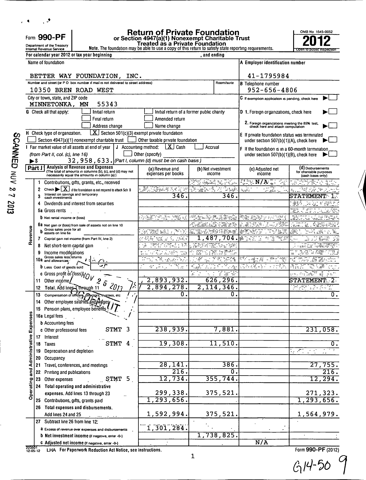 Image of first page of 2012 Form 990PF for Better Way Foundation