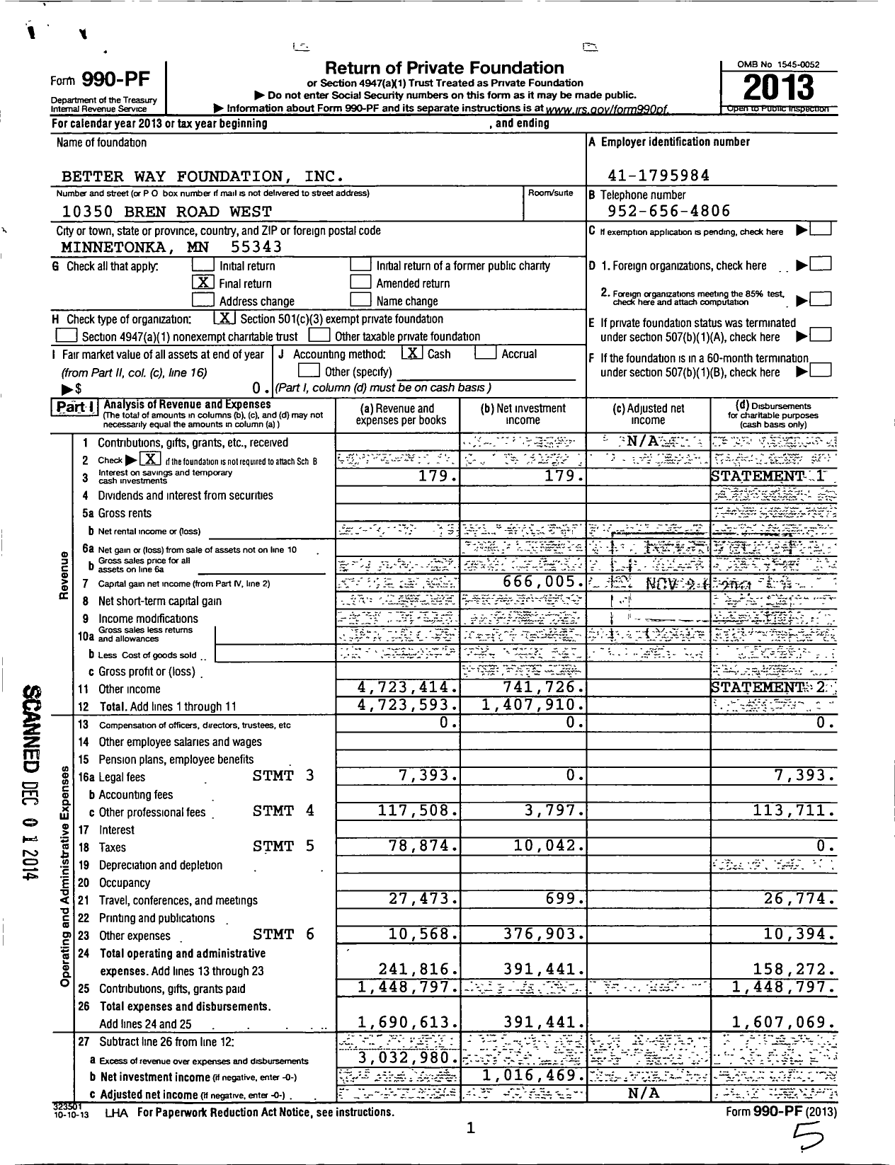 Image of first page of 2013 Form 990PF for Better Way Foundation